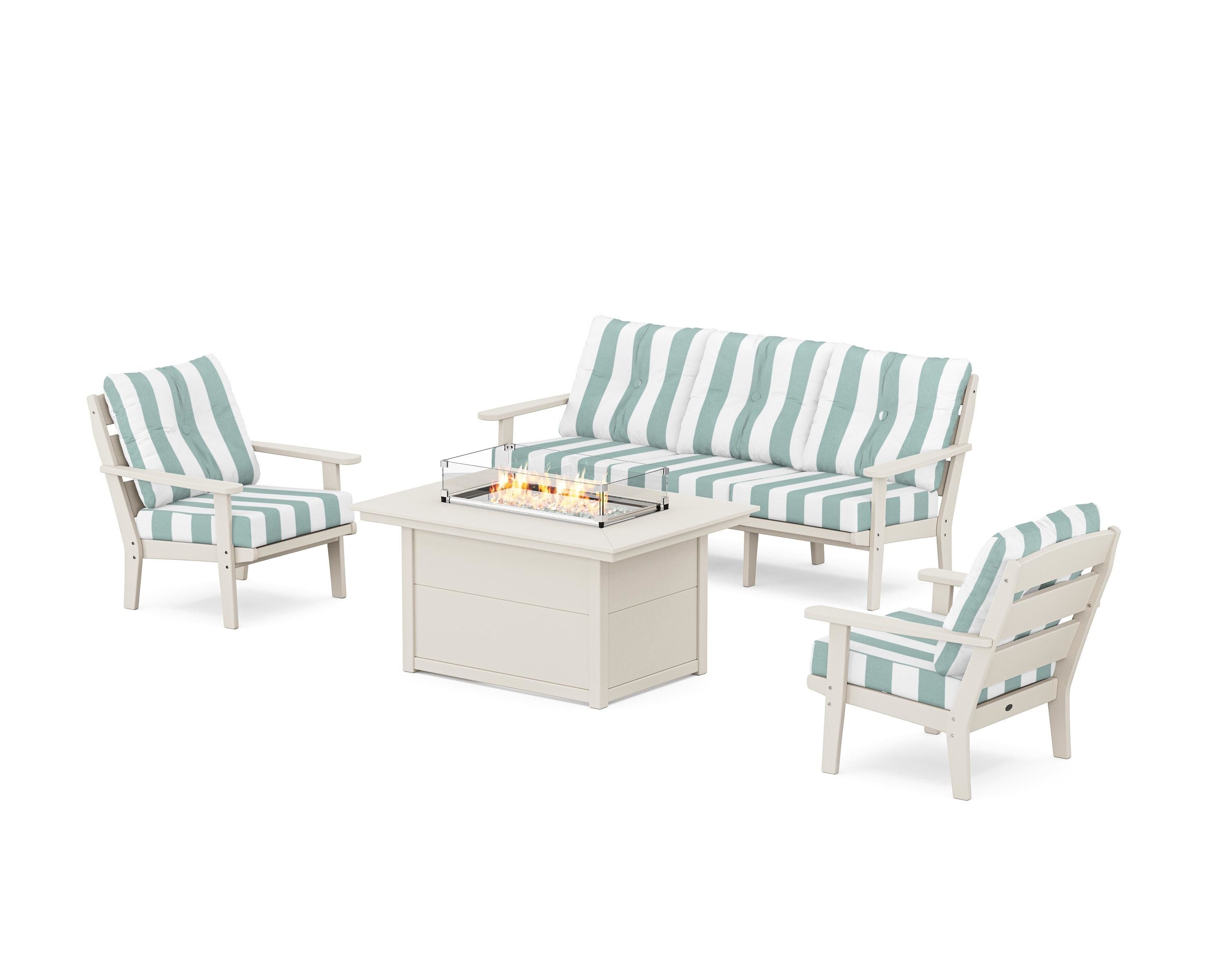POLYWOOD® Lakeside Deep Seating Fire Pit Table Set in Sand / Cabana Stripe Glacier Spa