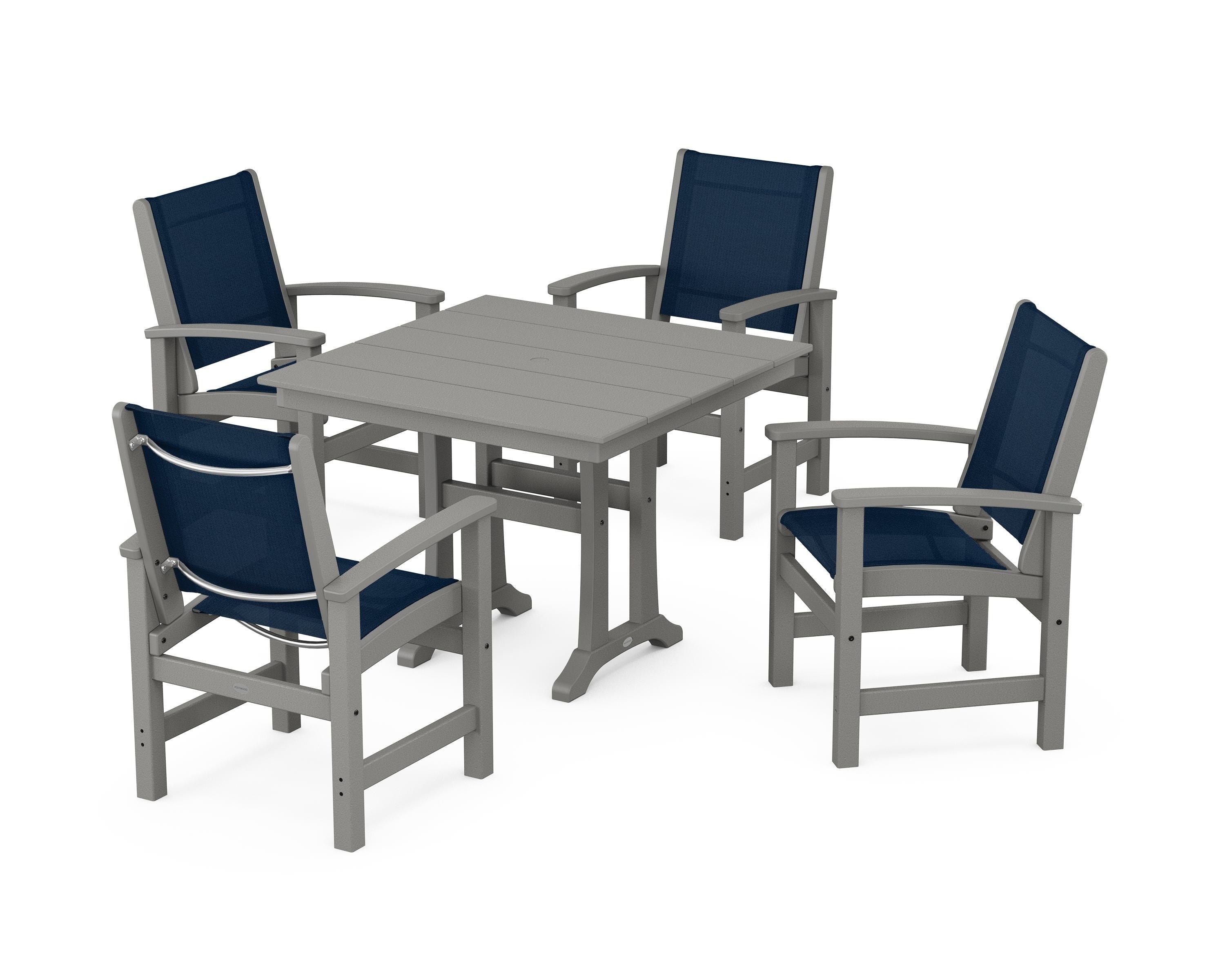 POLYWOOD® Coastal 5-Piece Farmhouse Dining Set With Trestle Legs in Slate Grey / Navy Blue Sling