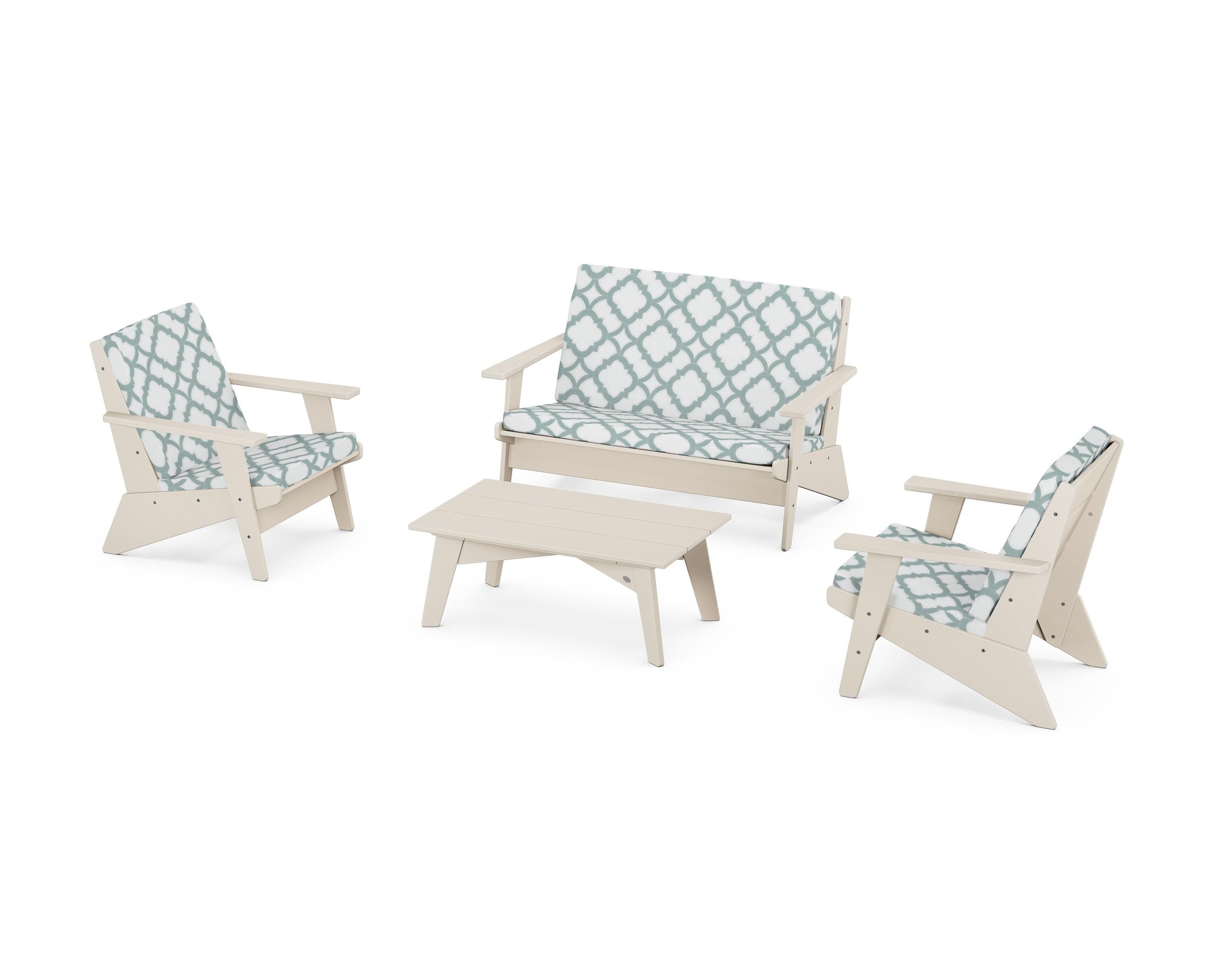 POLYWOOD® Riviera Modern Lounge 4-Piece Set in Sand / Trellis Glacier Spa