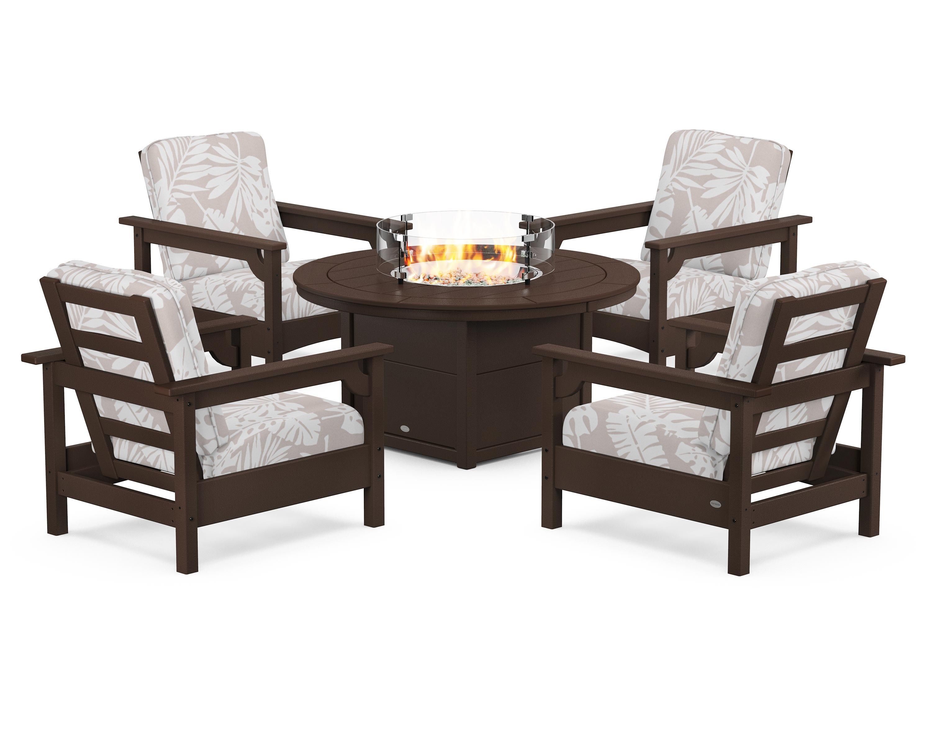 POLYWOOD® Club 5-Piece Conversation Set with Fire Pit Table in Mahogany / Leaf Dune Burlap