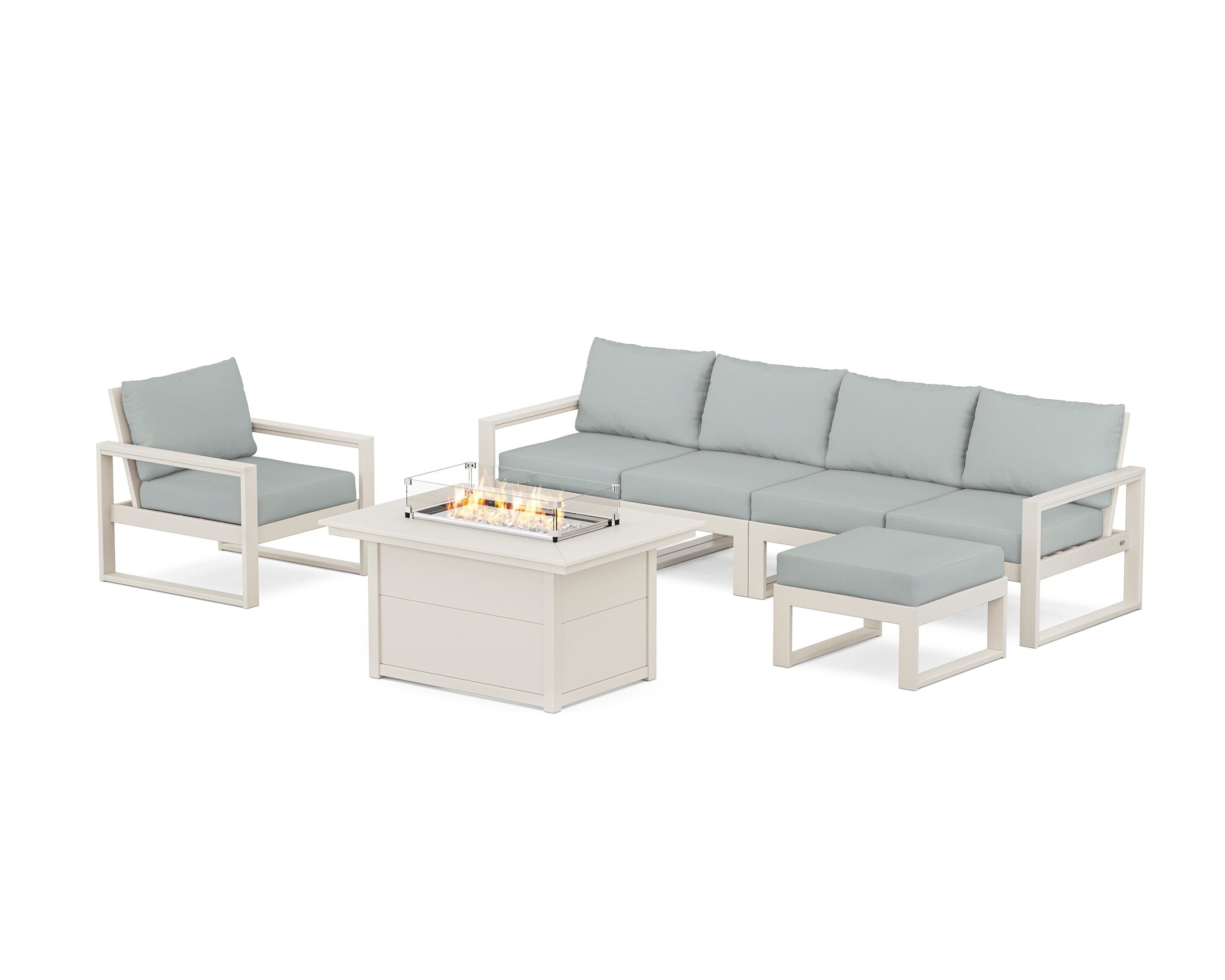 POLYWOOD® EDGE Sectional Lounge and Fire Pit Set in Sand / Spa