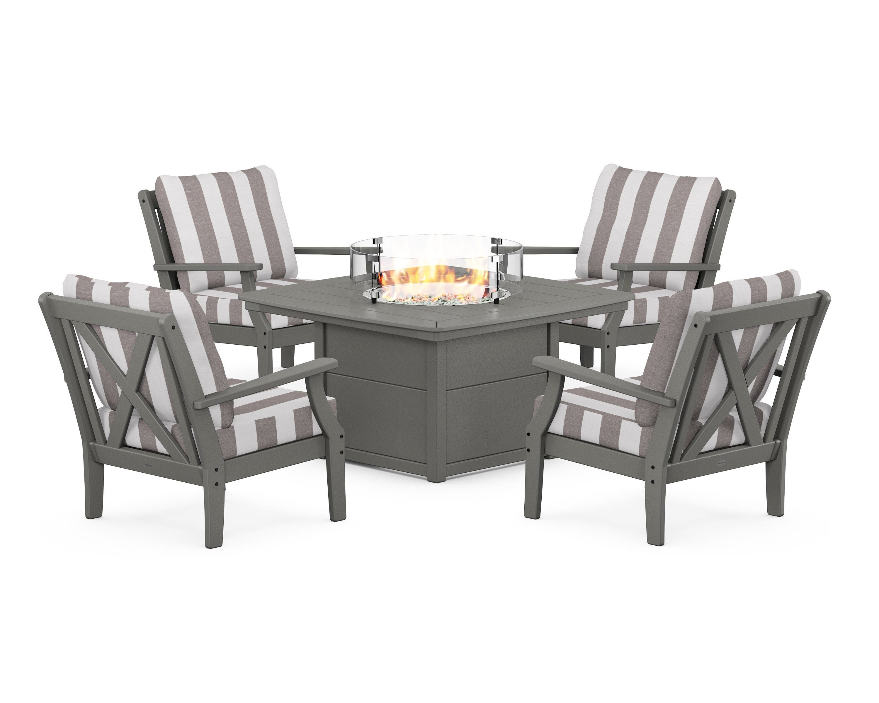 POLYWOOD® Braxton 5-Piece Deep Seating Conversation Set with Fire Pit Table in Slate Grey / Cabana Stripe Grey Mist