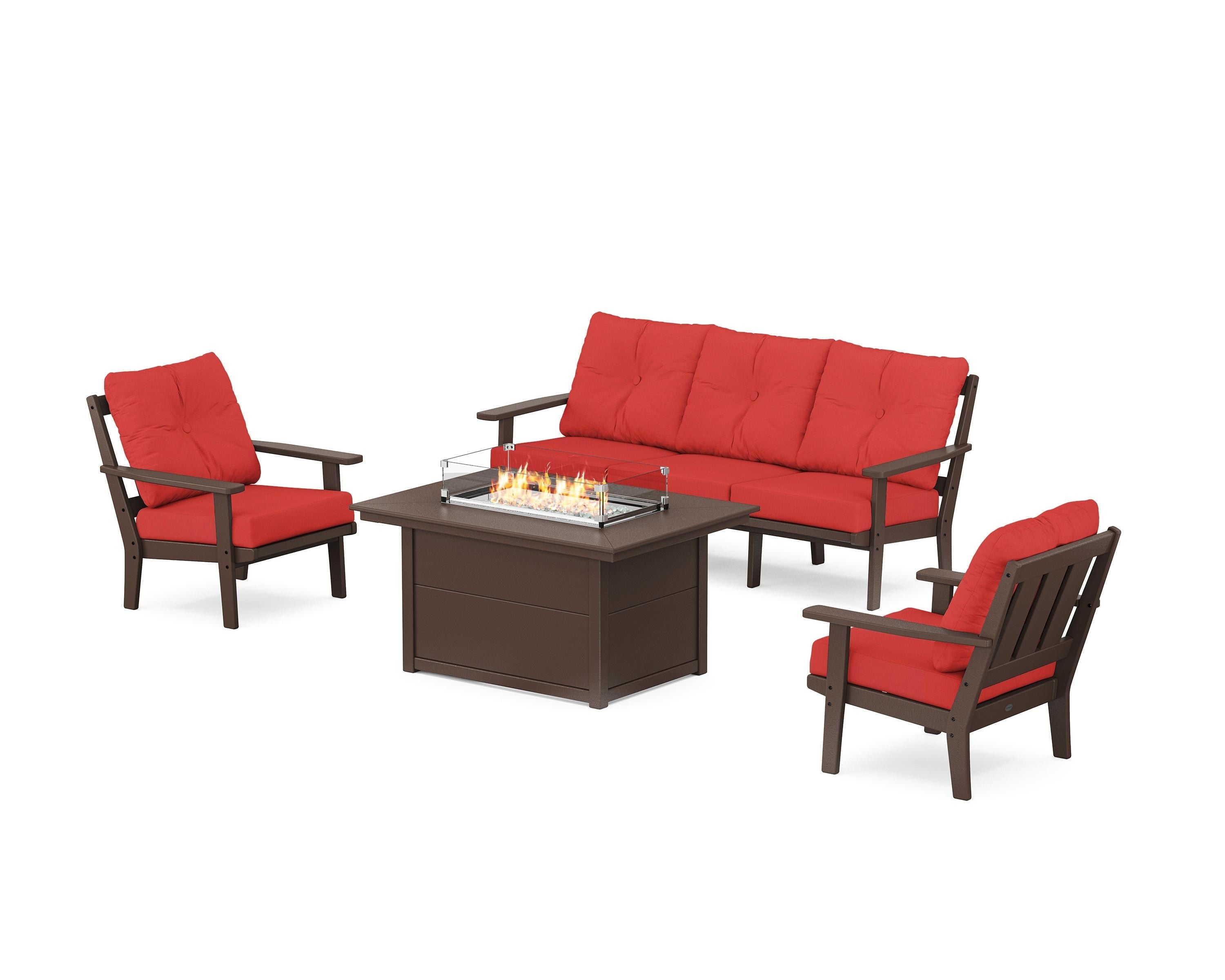 POLYWOOD® Oxford Deep Seating Fire Pit Table Set in Mahogany / Crimson Linen