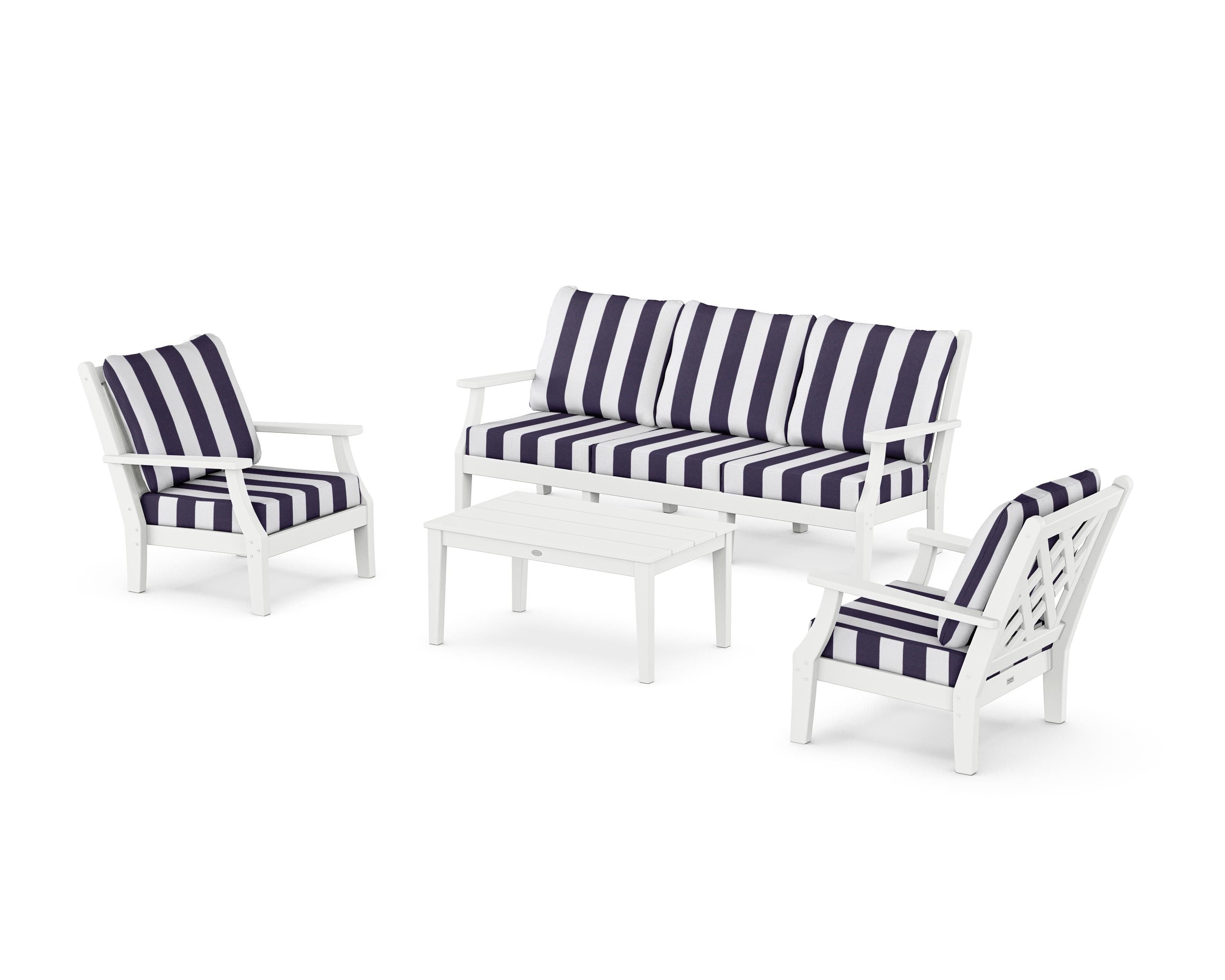 Country Living Wovendale 4-Piece Deep Seating Set with Sofa in White / Cabana Stripe Navy