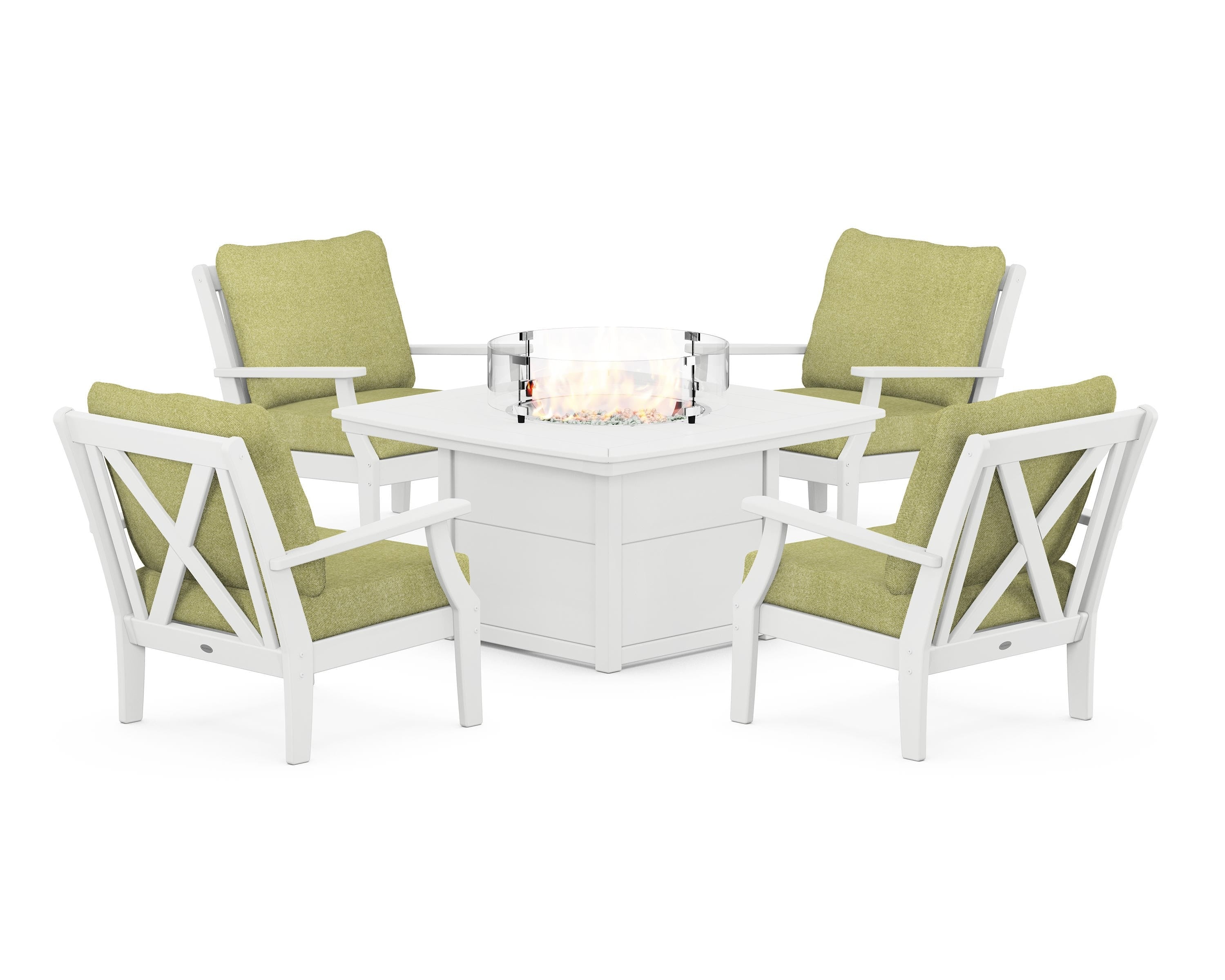 POLYWOOD® Braxton 5-Piece Deep Seating Conversation Set with Fire Pit Table in White / Chartreuse Boucle