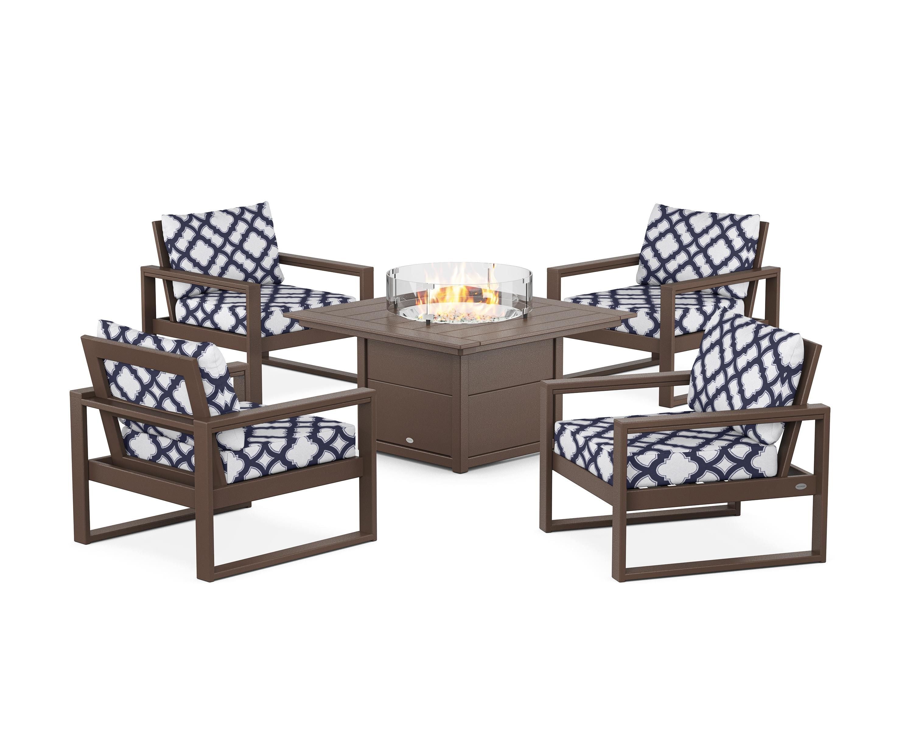 POLYWOOD® EDGE Sectional 5-Piece Deep Seating Set with Fire Pit Table in Mahogany / Trellis Navy