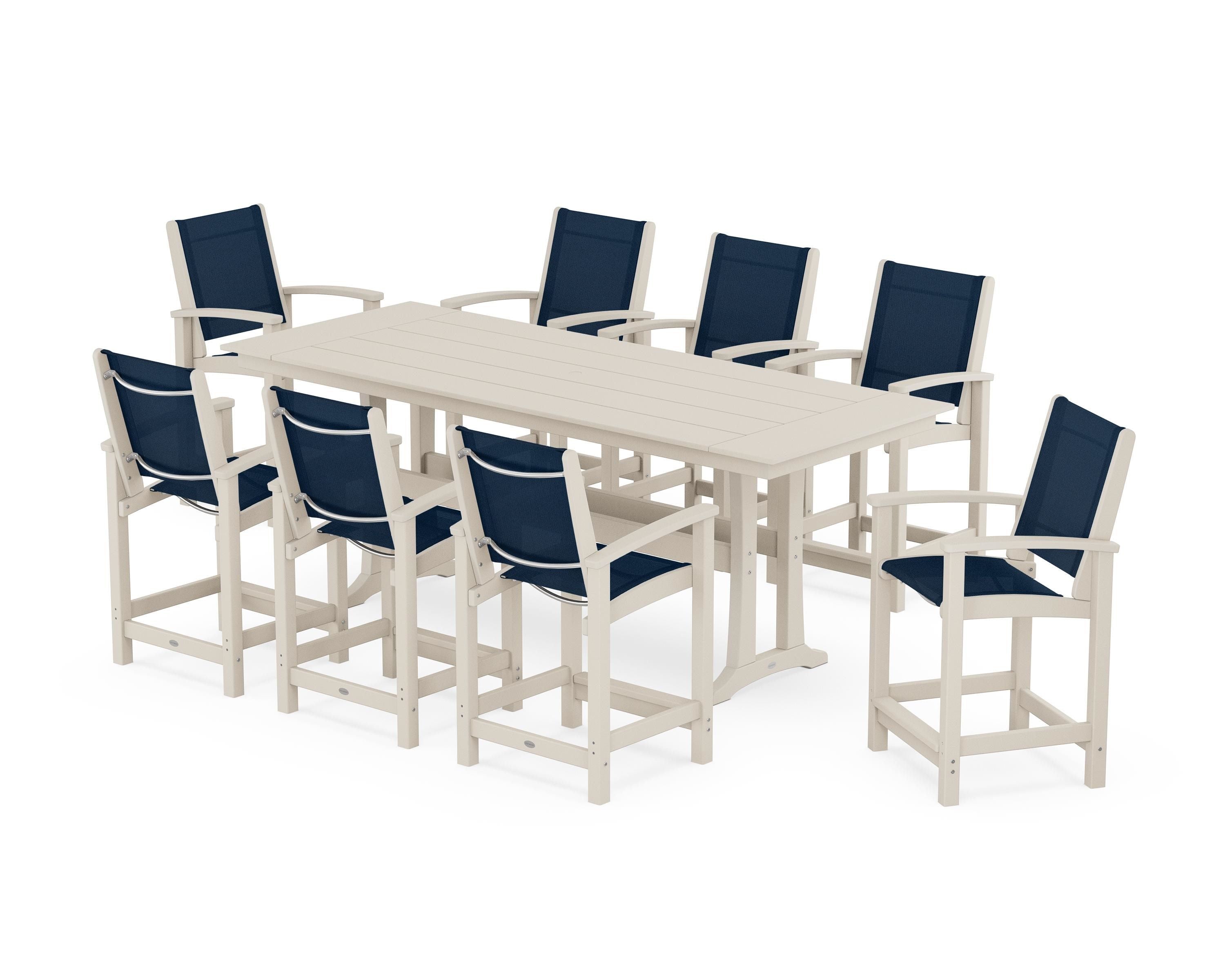 POLYWOOD® Coastal 9-Piece Farmhouse Counter Set with Trestle Legs in Sand / Navy Blue Sling