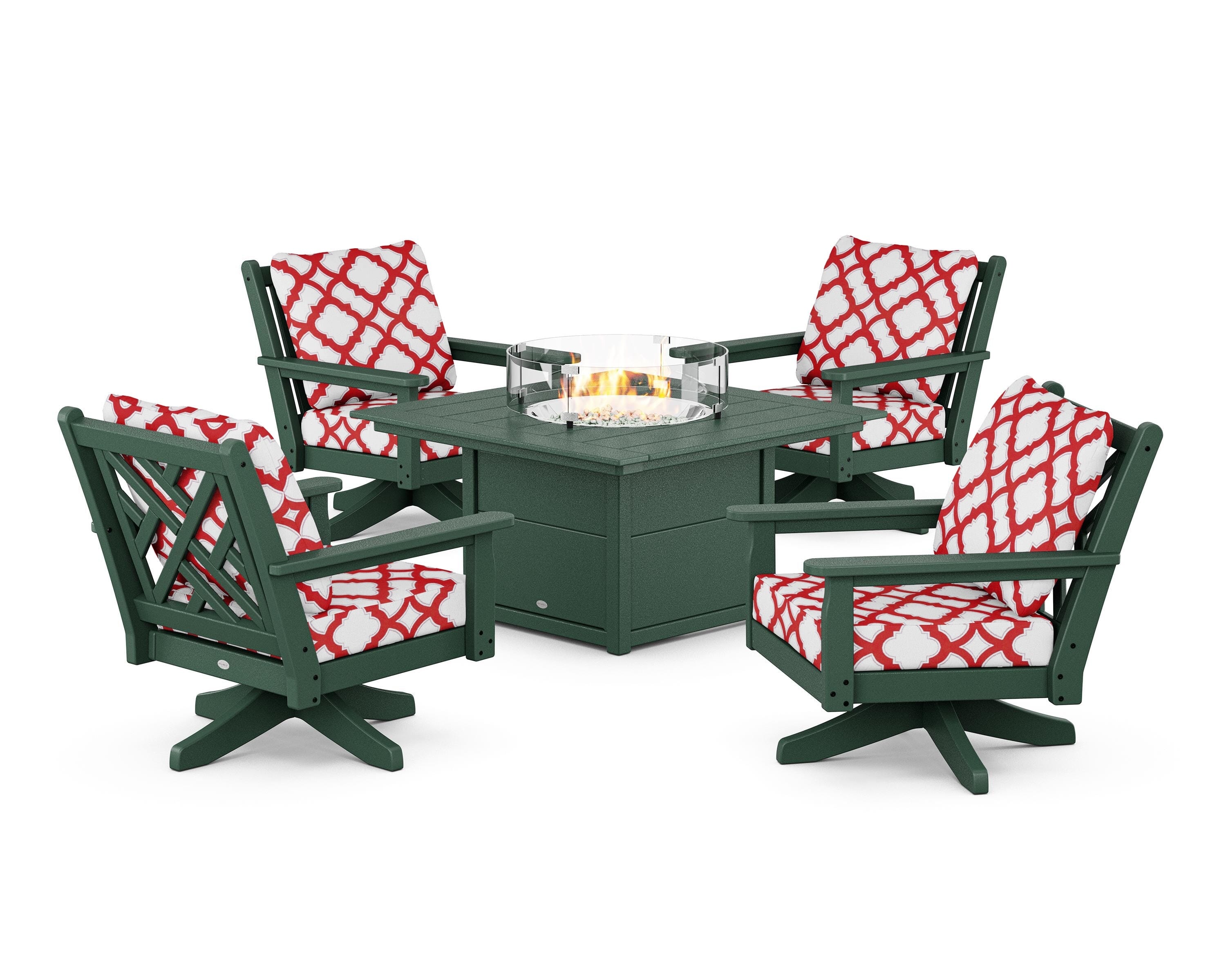 POLYWOOD® Chippendale 5-Piece Deep Seating Swivel Conversation Set with Fire Pit Table in Green / Trellis Crimson