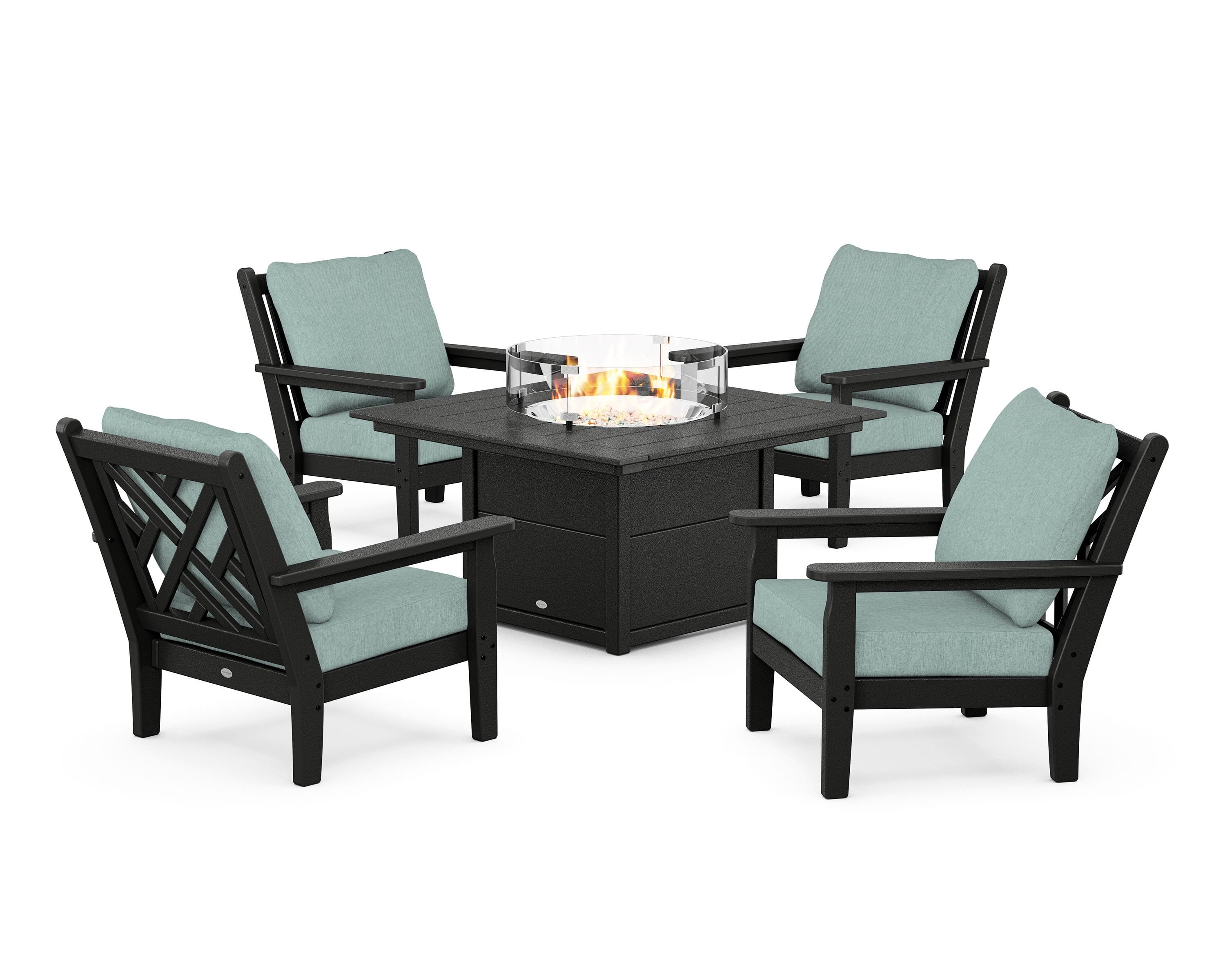POLYWOOD® Chippendale 5-Piece Deep Seating Set with Fire Pit Table in Black / Glacier Spa