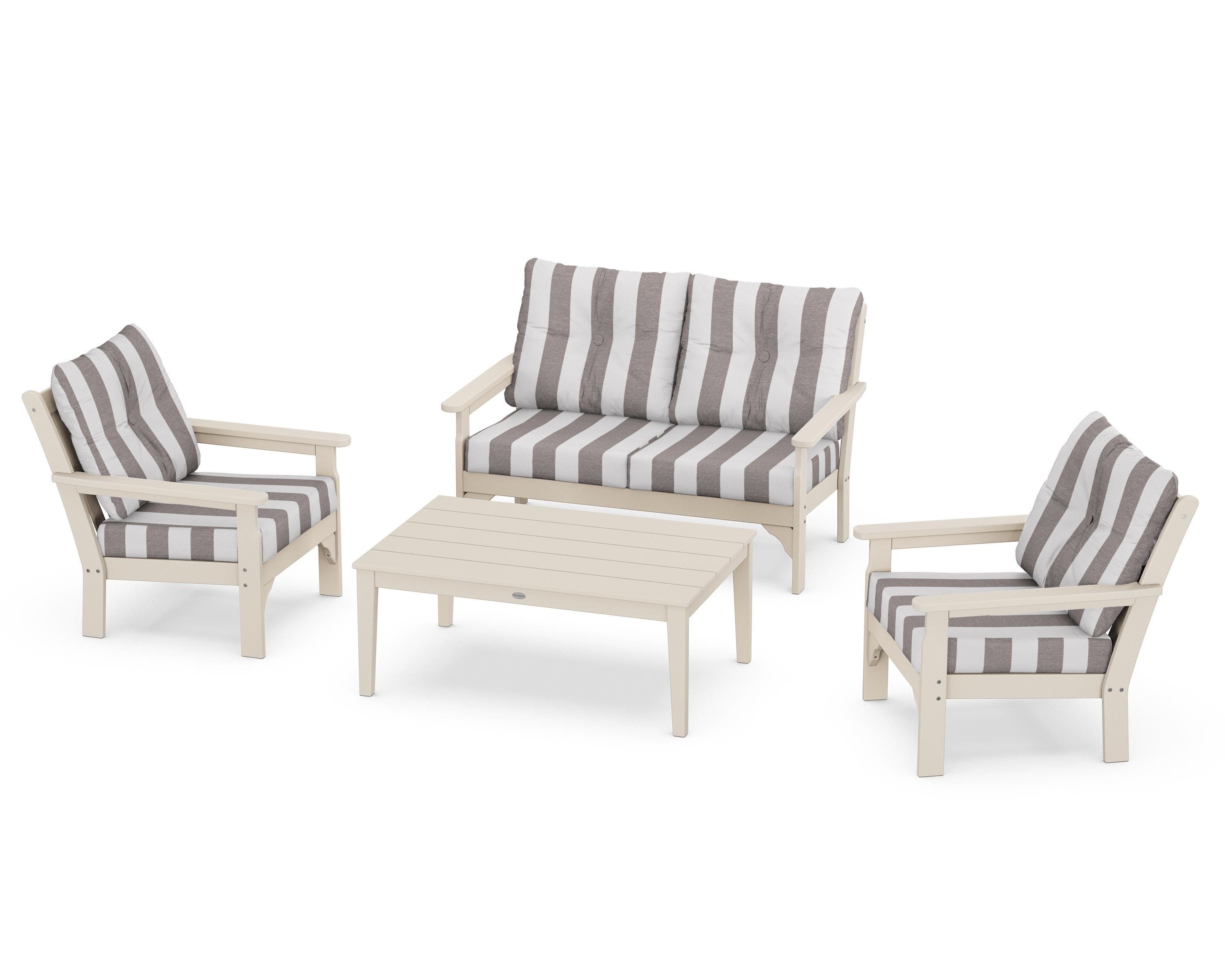 POLYWOOD® Vineyard 4-Piece Deep Seating Set in Sand / Cabana Stripe Grey Mist