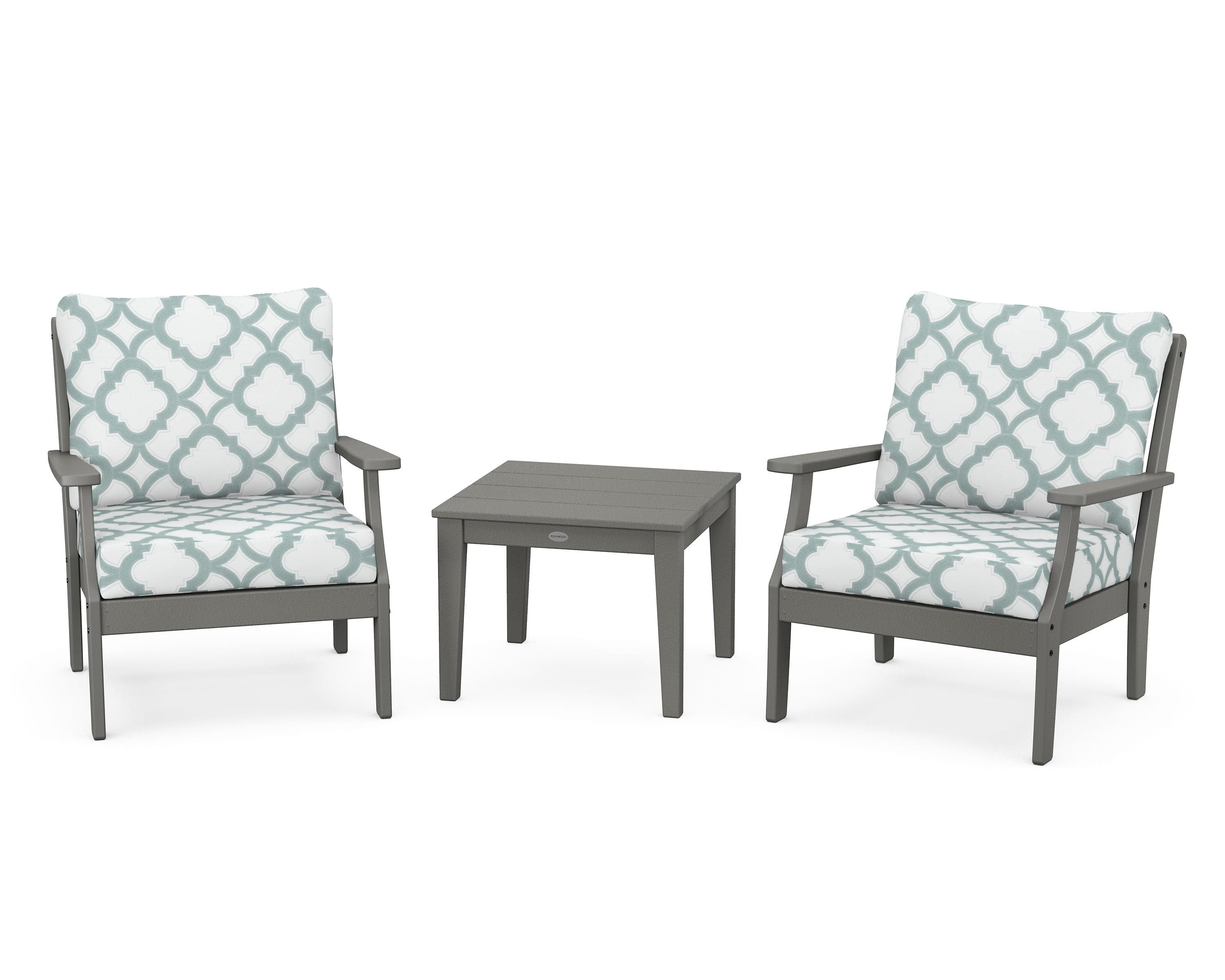 POLYWOOD® Braxton 3-Piece Deep Seating Set in Slate Grey / Trellis Glacier Spa