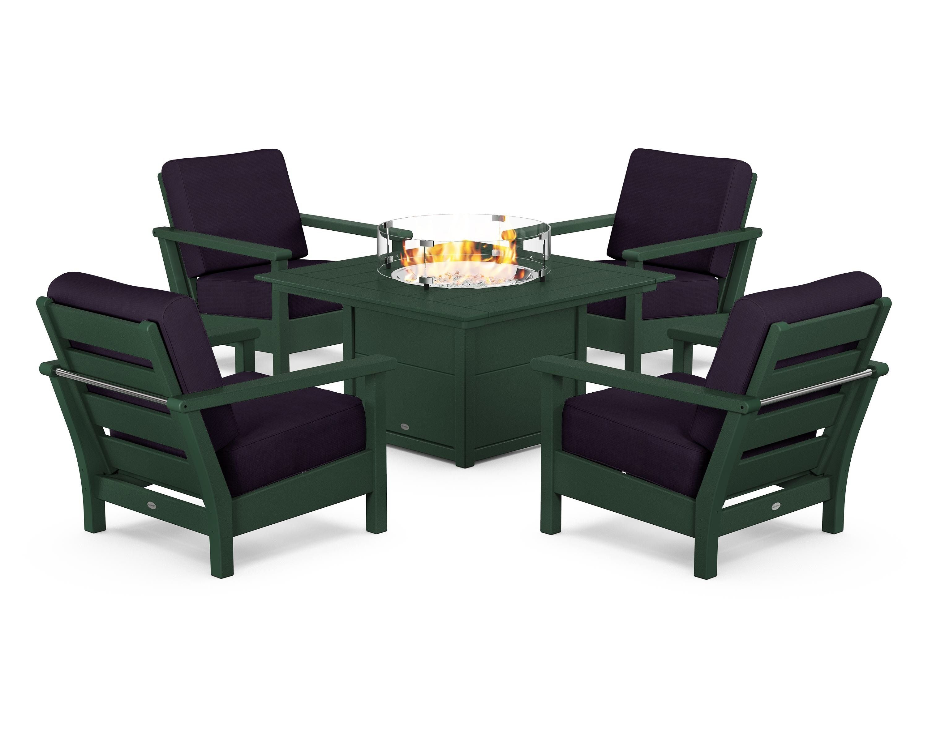 POLYWOOD® Harbour 5-Piece Conversation Set with Fire Pit Table in Green / Navy Linen