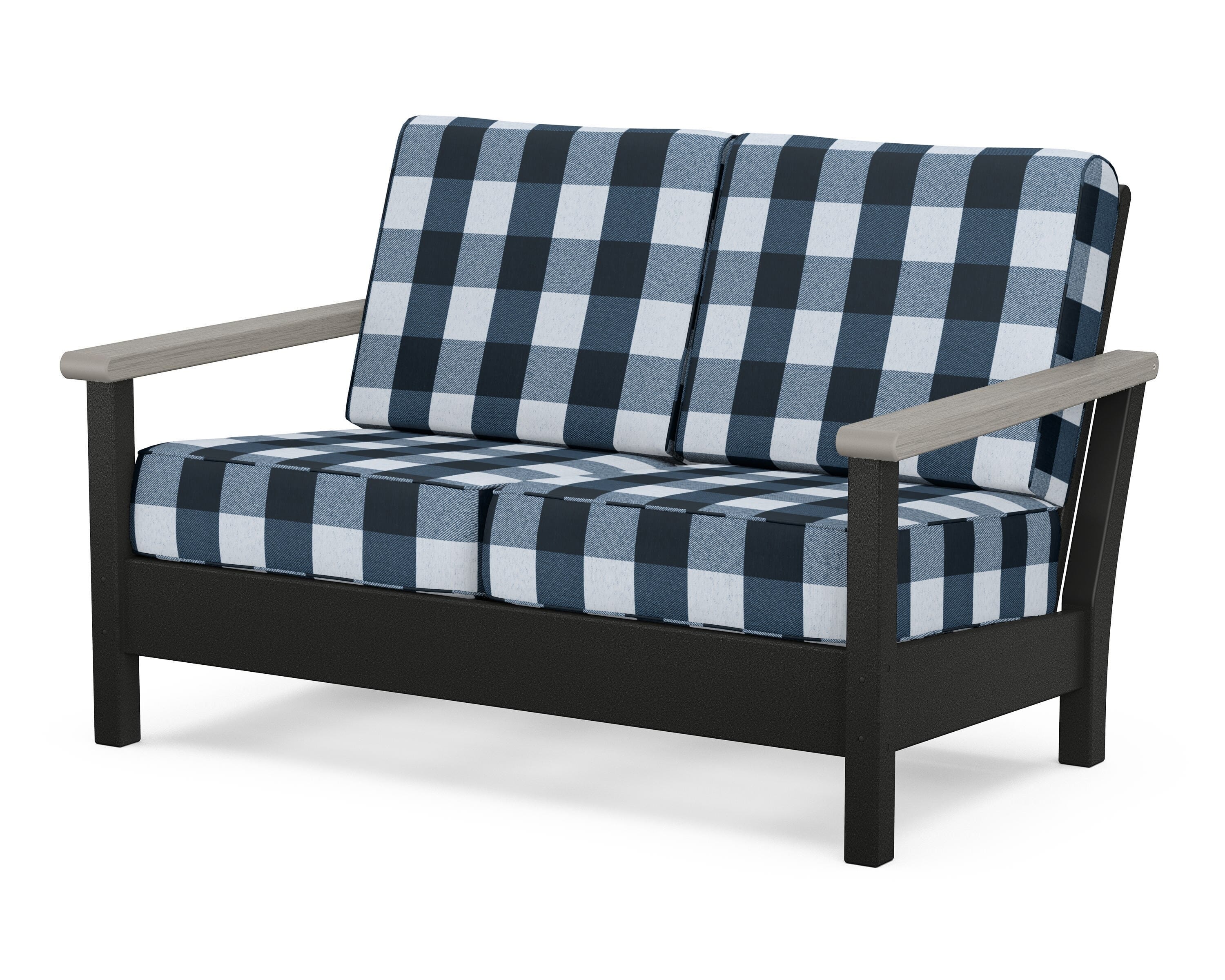 POLYWOOD® Harbour Deep Seating Loveseat in Black / Driftwood / Buffalo Plaid Marine Indigo