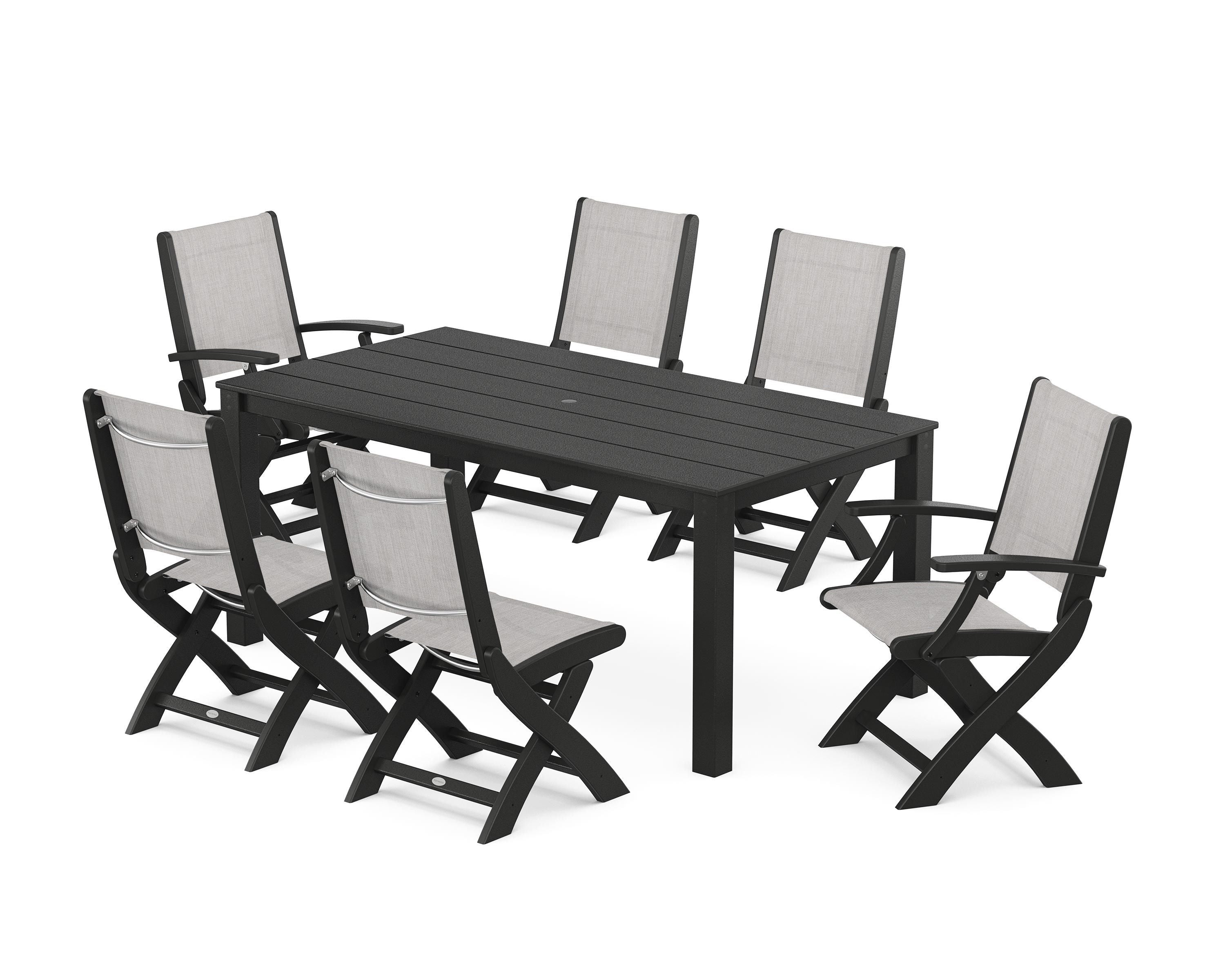 POLYWOOD® Coastal Folding Chair 7-Piece Parsons Dining Set in Black / Parchment Sling