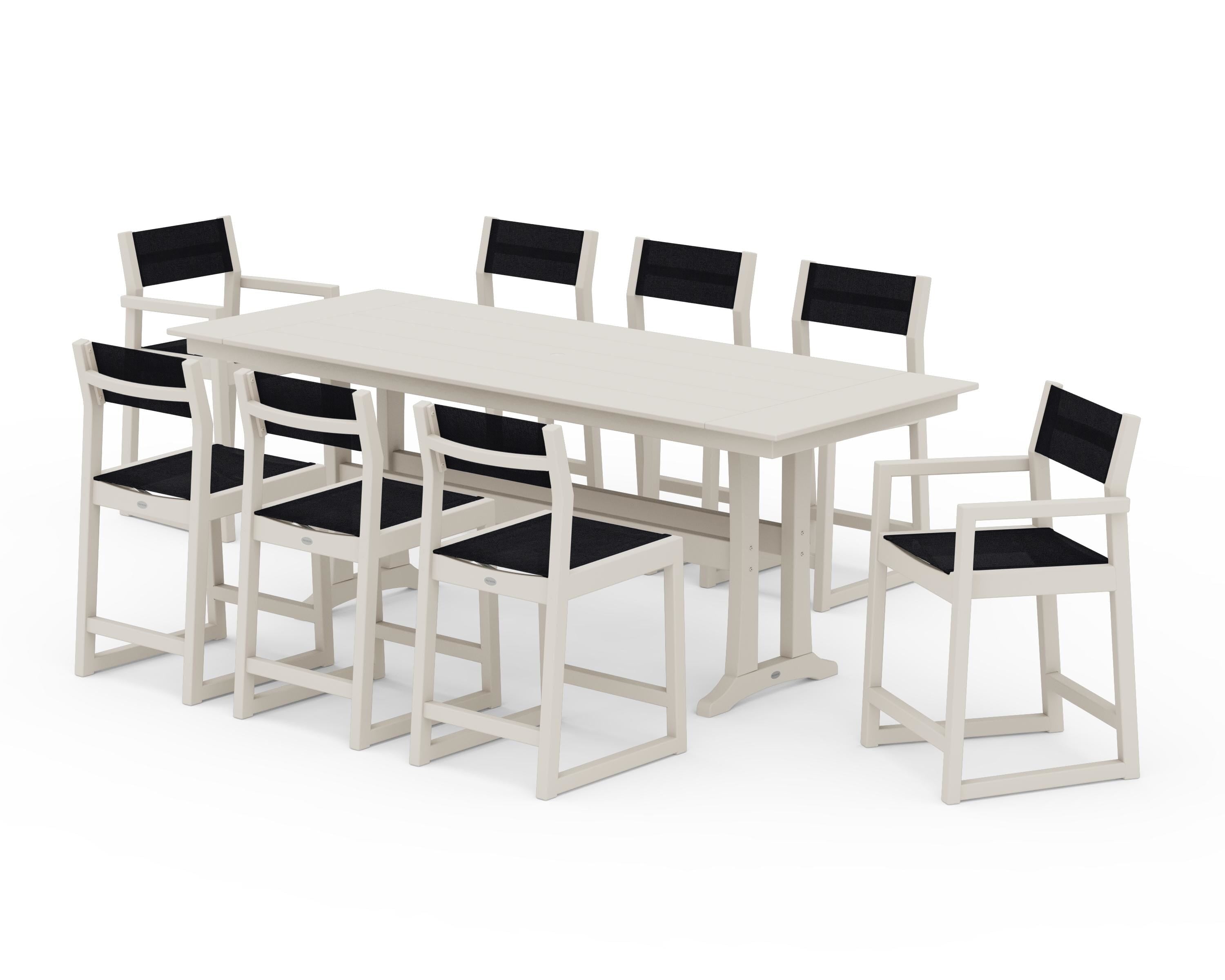POLYWOOD® EDGE Sling 9-Piece Farmhouse Counter Set with Trestle Legs in Sand / Black Sling