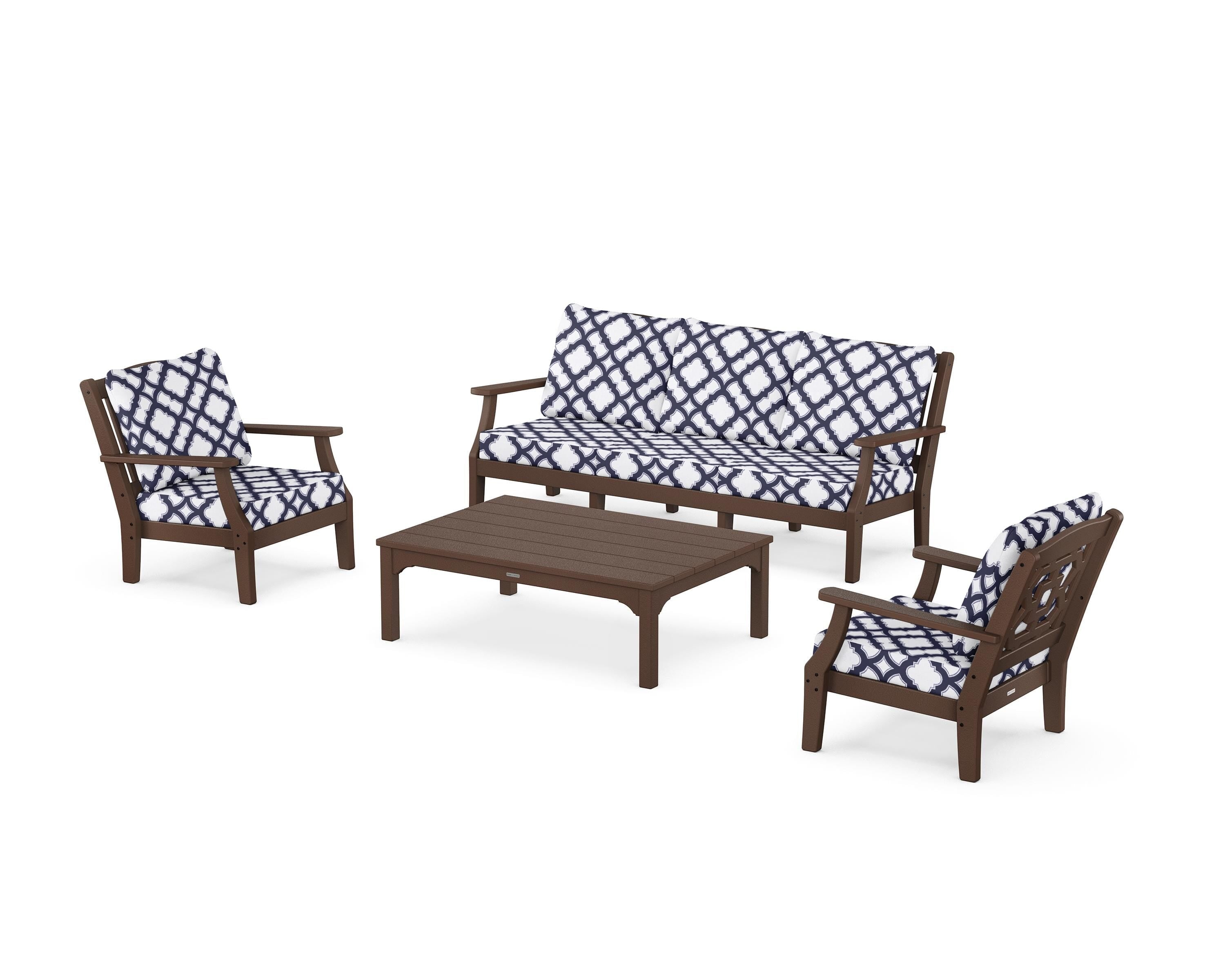 Martha Stewart by POLYWOOD® Chinoiserie 4-Piece Deep Seating Set with Sofa in Mahogany / Trellis Navy