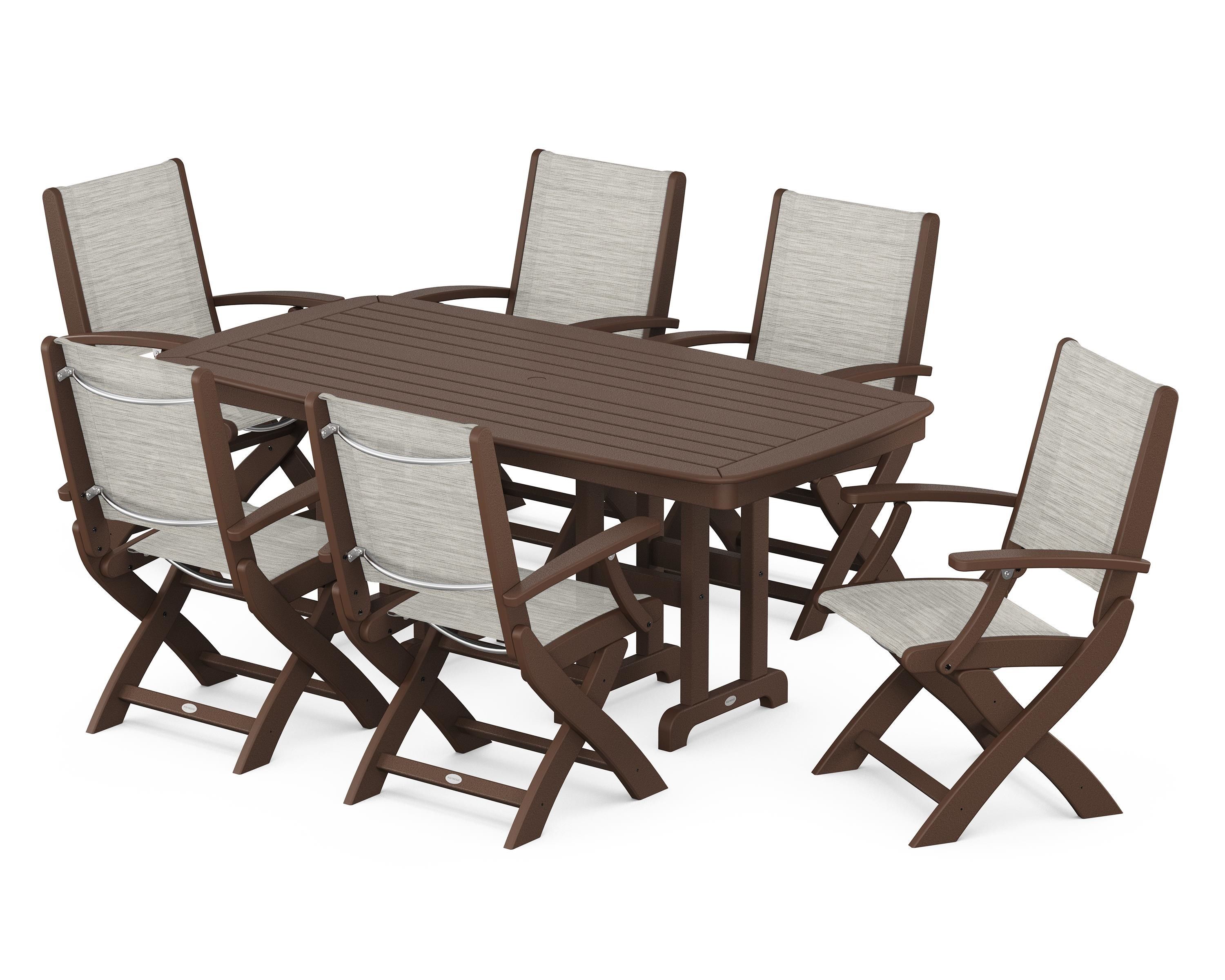 POLYWOOD® Coastal Folding Arm Chair 7-Piece Dining Set in Mahogany / Birch Sling