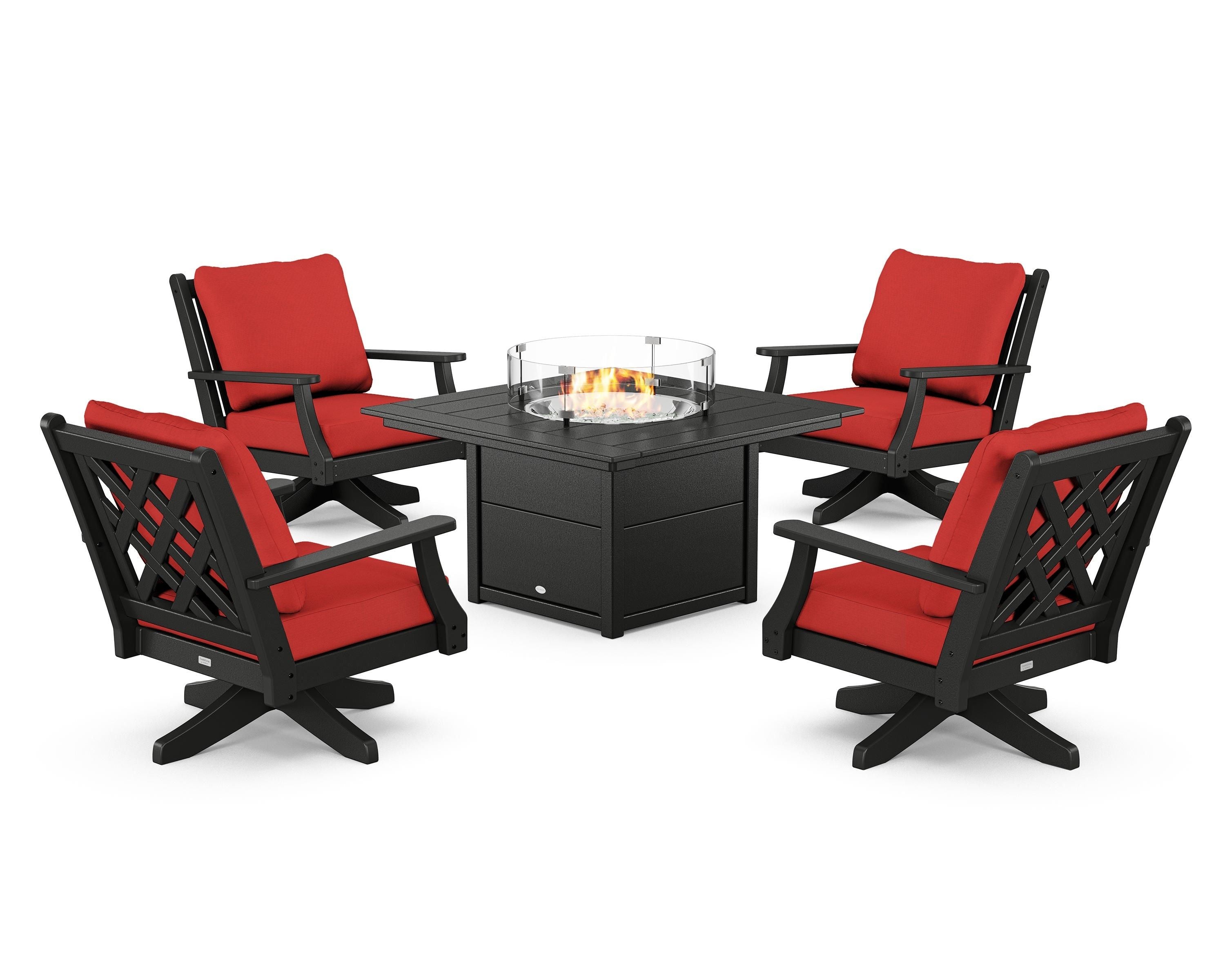 Country Living Wovendale 5-Piece Deep Seating Swivel Conversation Set with Fire Pit Table in Black / Crimson Linen