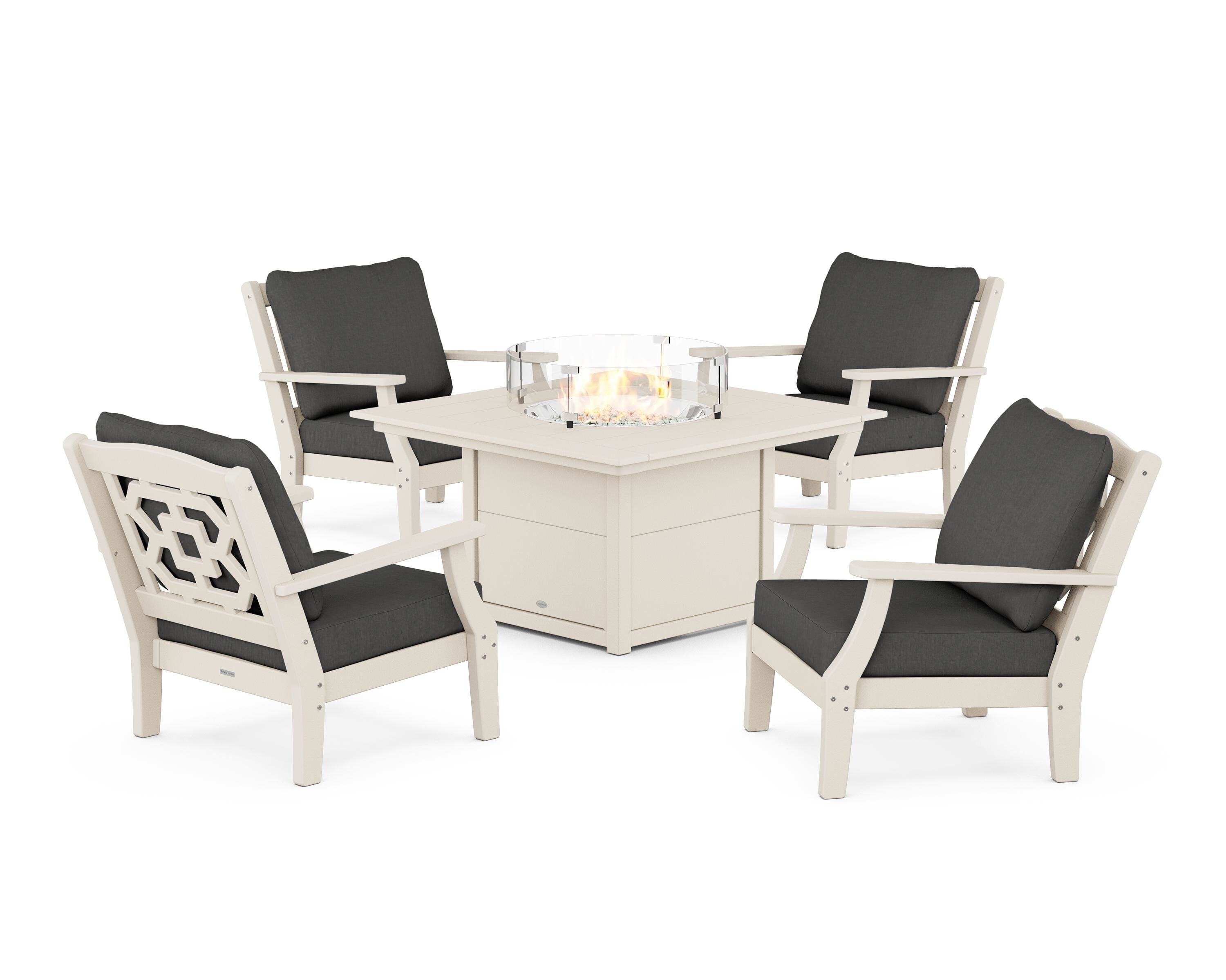 Martha Stewart by POLYWOOD® Chinoiserie 5-Piece Deep Seating Set with Fire Pit Table in Sand / Spectrum Carbon