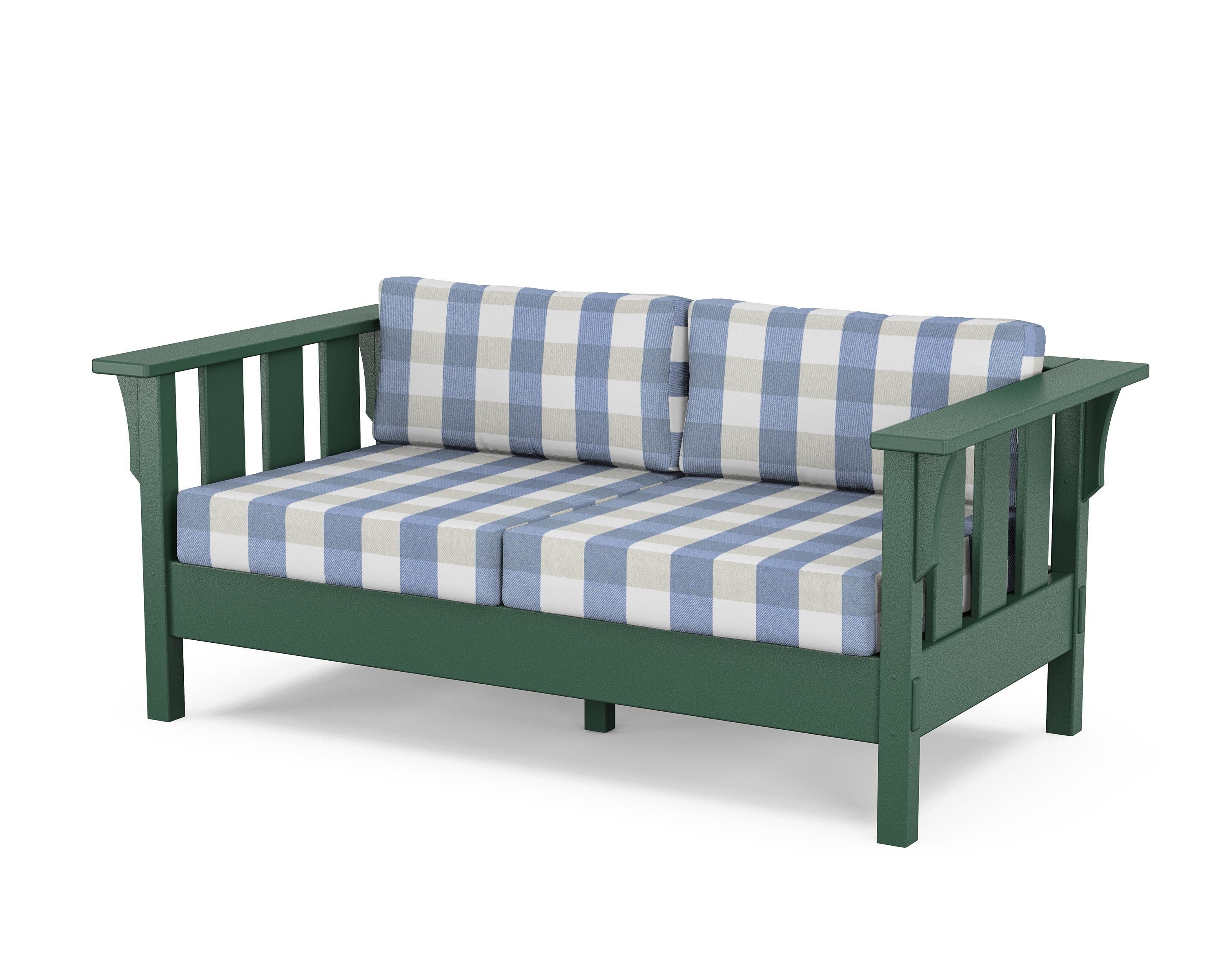 Martha Stewart by POLYWOOD® Acadia Deep Seating Loveseat in Green / Buffalo Plaid Sky Blue