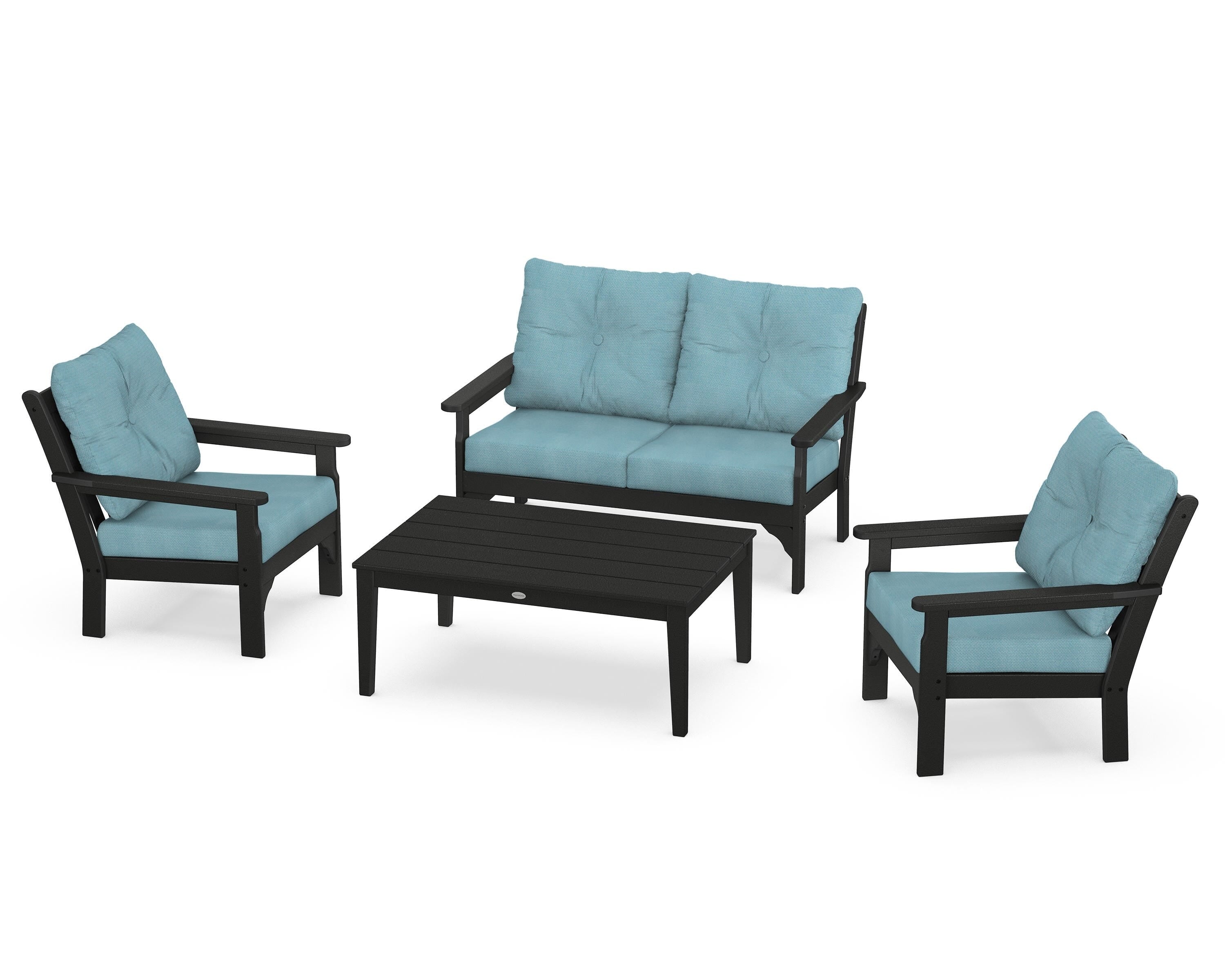 POLYWOOD® Vineyard 4-Piece Deep Seating Set in Black / Lattice Sky Blue