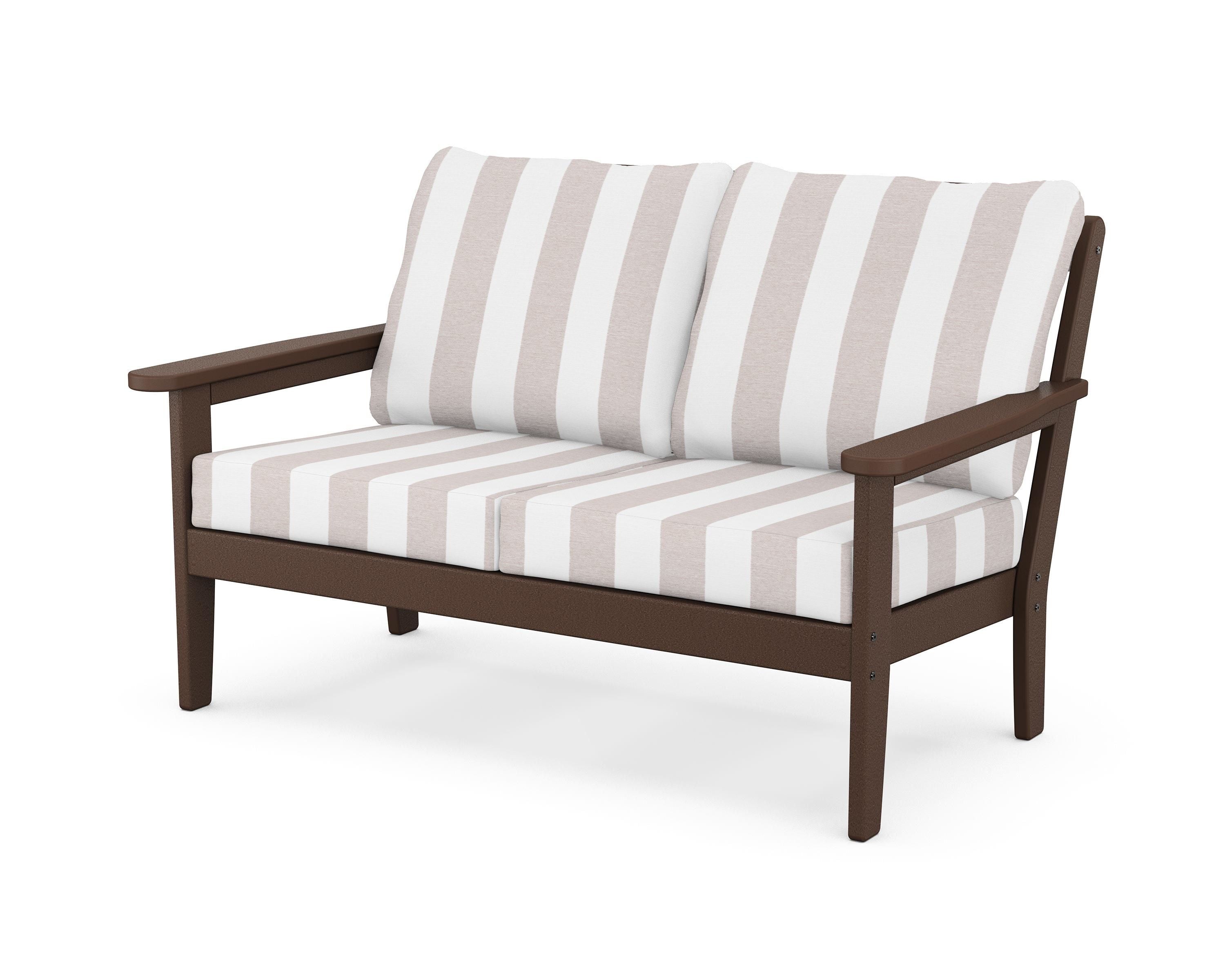 Country Living Cottage Deep Seating Loveseat in Mahogany / Cabana Stripe Dune Burlap