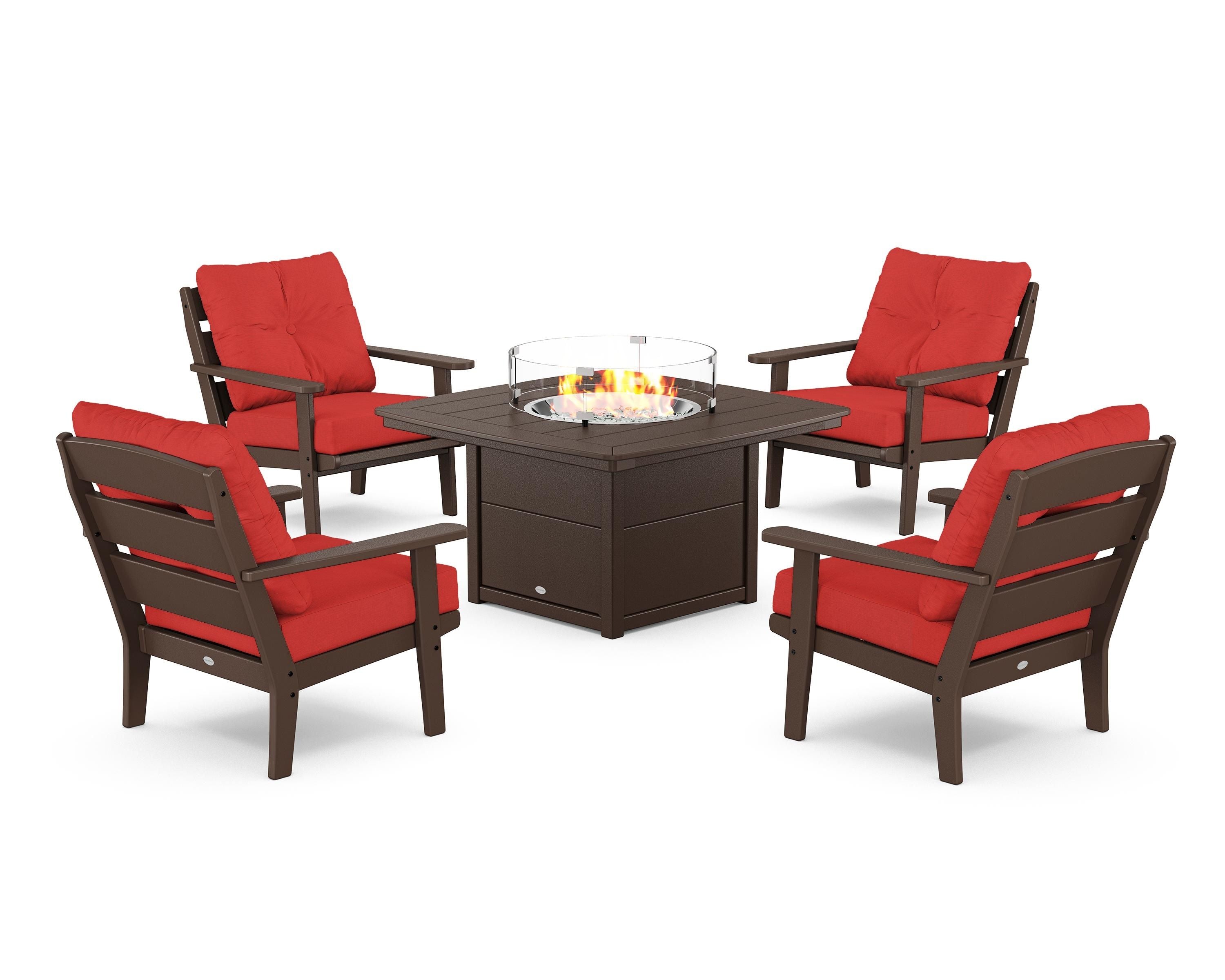 POLYWOOD® Lakeside 5-Piece Deep Seating Set with Nautical Fire Pit Table in Mahogany / Crimson Linen