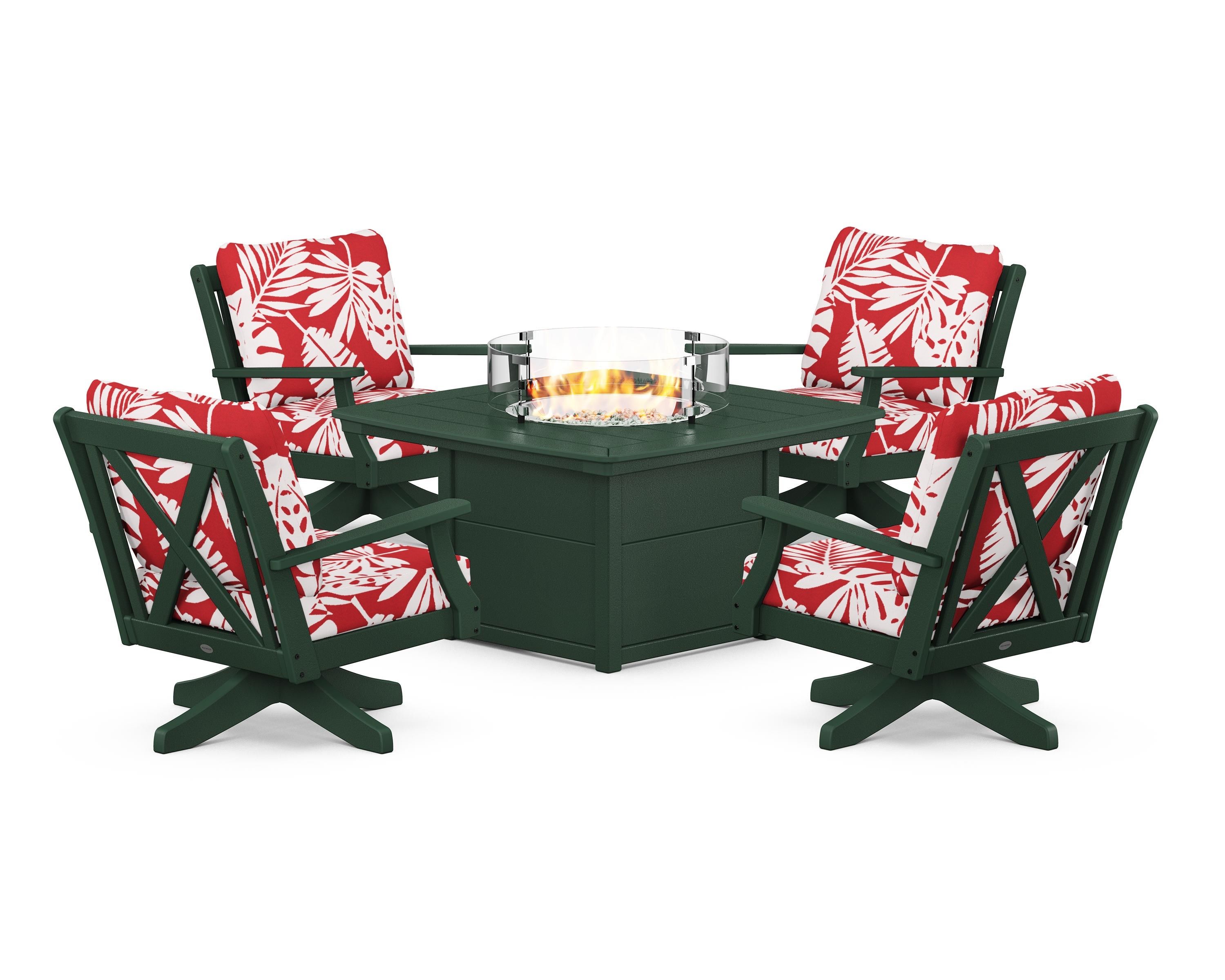 POLYWOOD® Braxton 5-Piece Deep Seating Swivel Conversation Set with Fire Pit Table in Green / Leaf Crimson