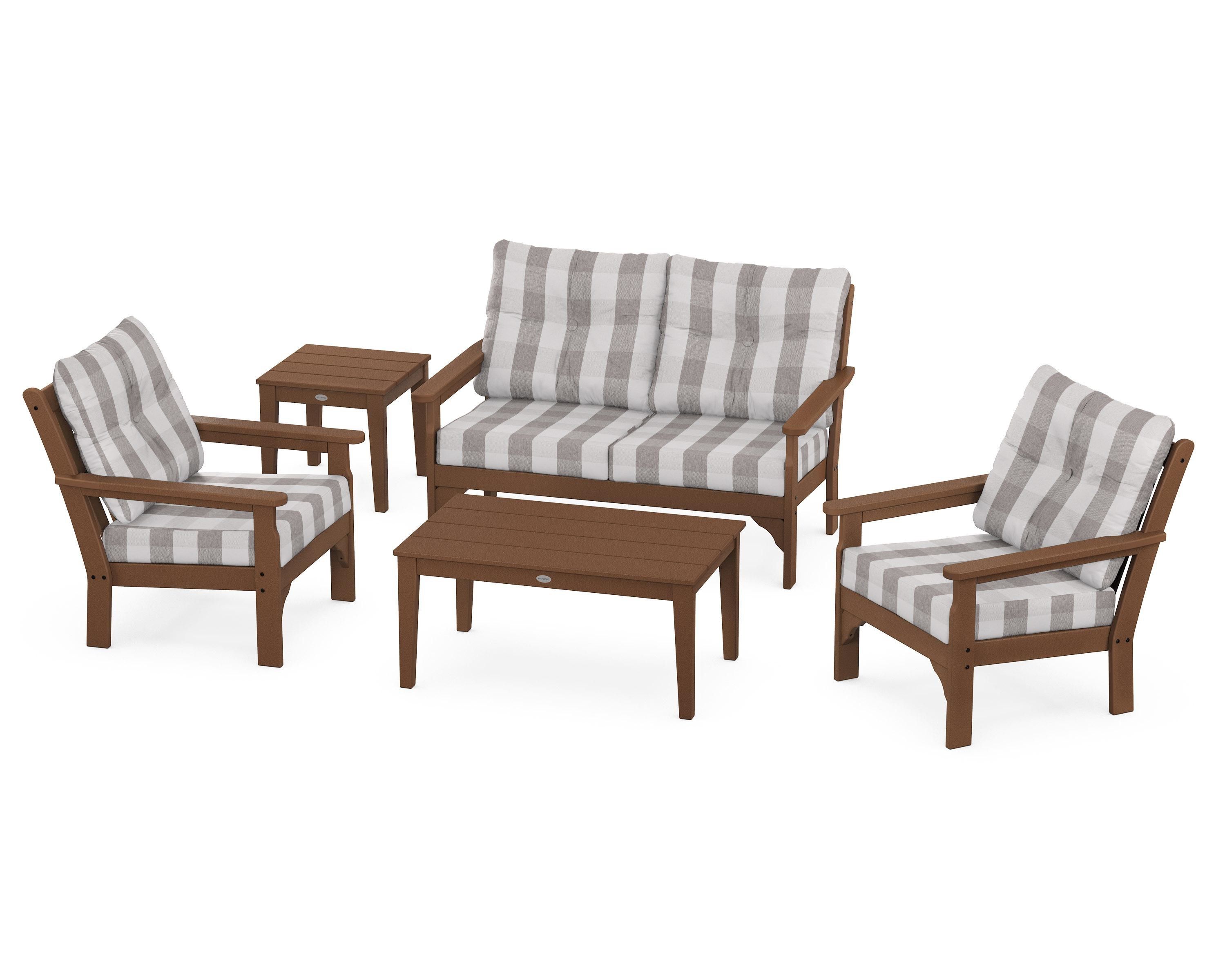 POLYWOOD® Vineyard 5-Piece Deep Seating Set in Teak / Buffalo Plaid Grey Mist