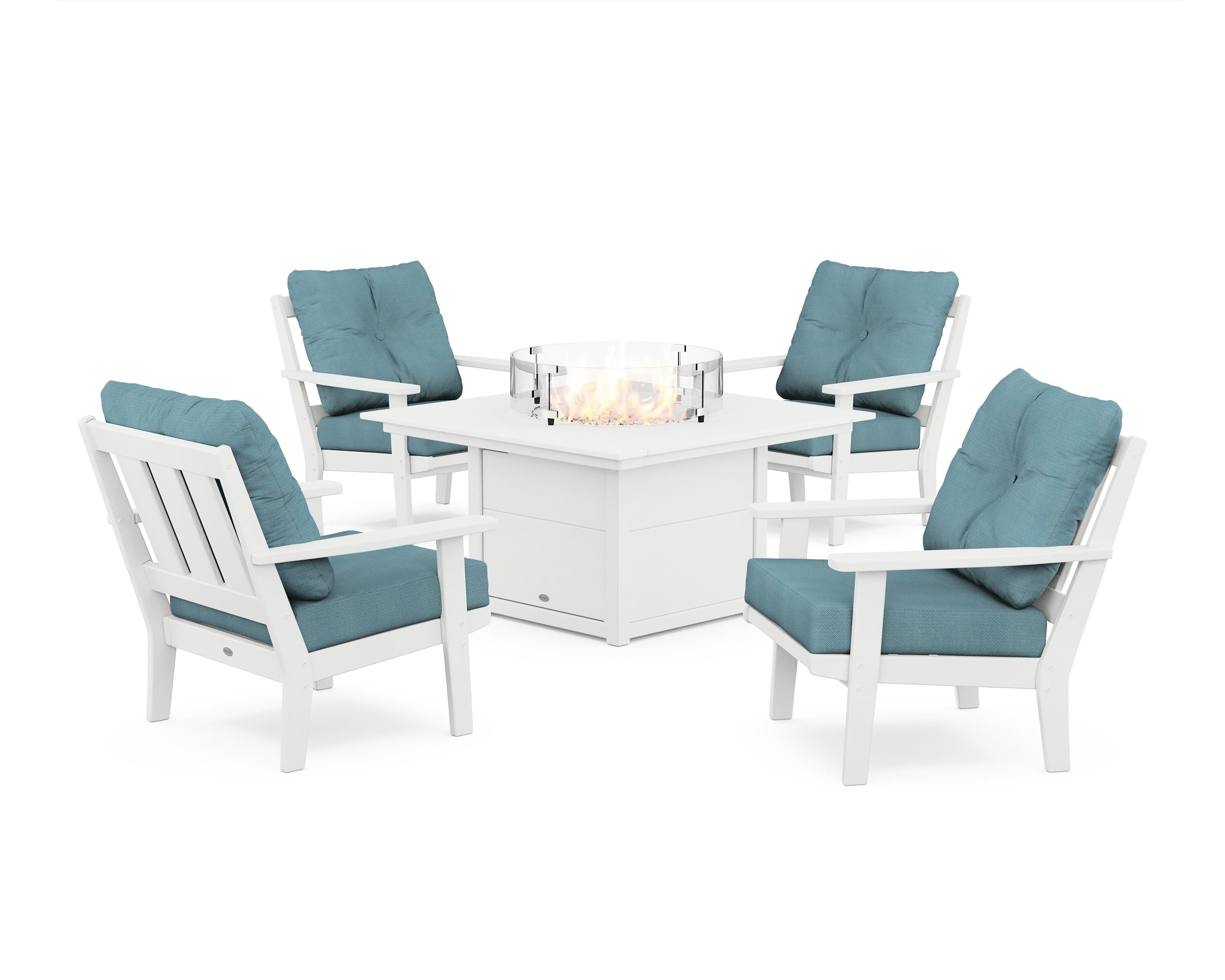 POLYWOOD® Oxford 5-Piece Deep Seating Set with Fire Pit Table in White / Lattice Sky Blue