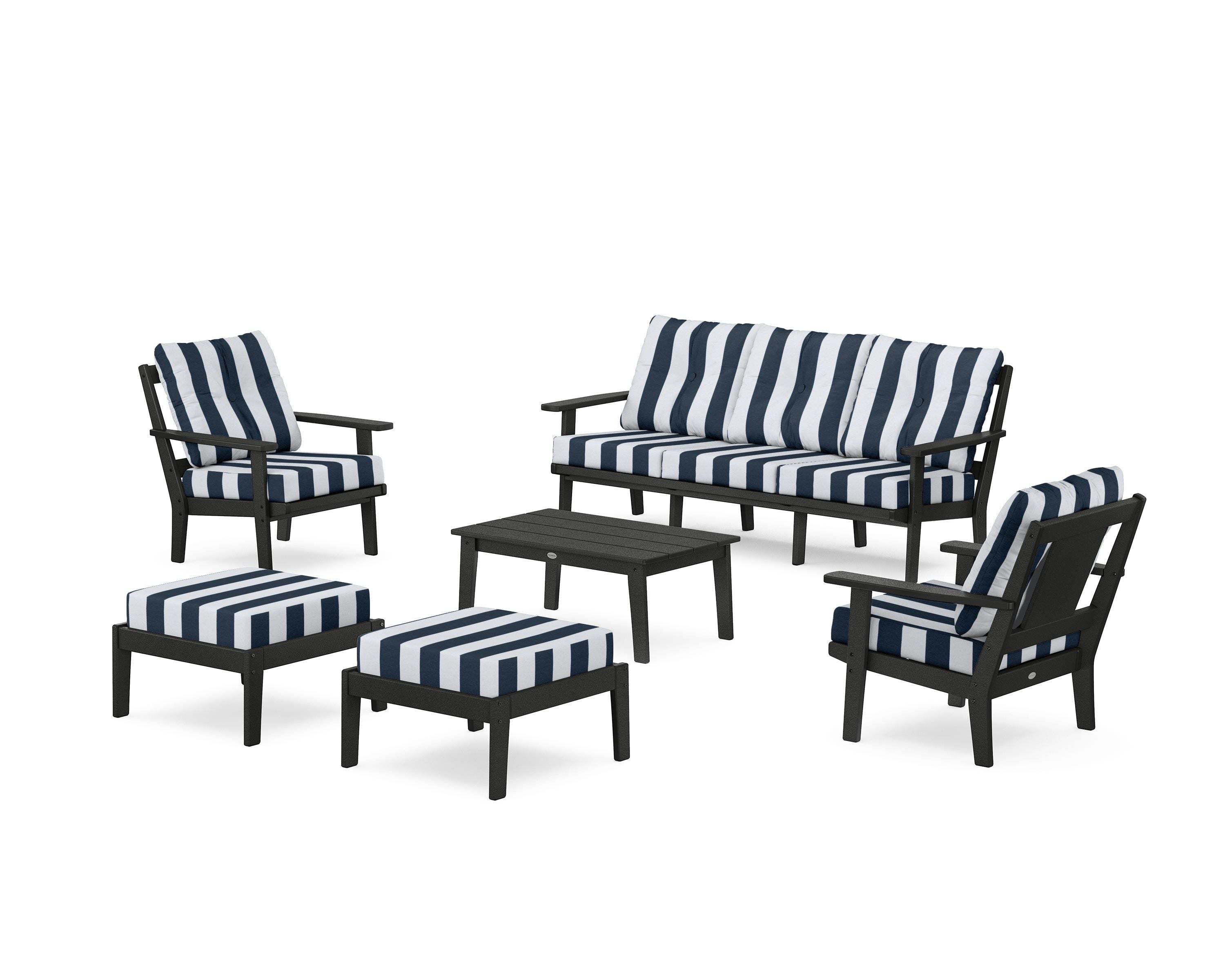 POLYWOOD® Prairie 6-Piece Lounge Sofa Set in Black / Cabana Stripe Marine Indigo