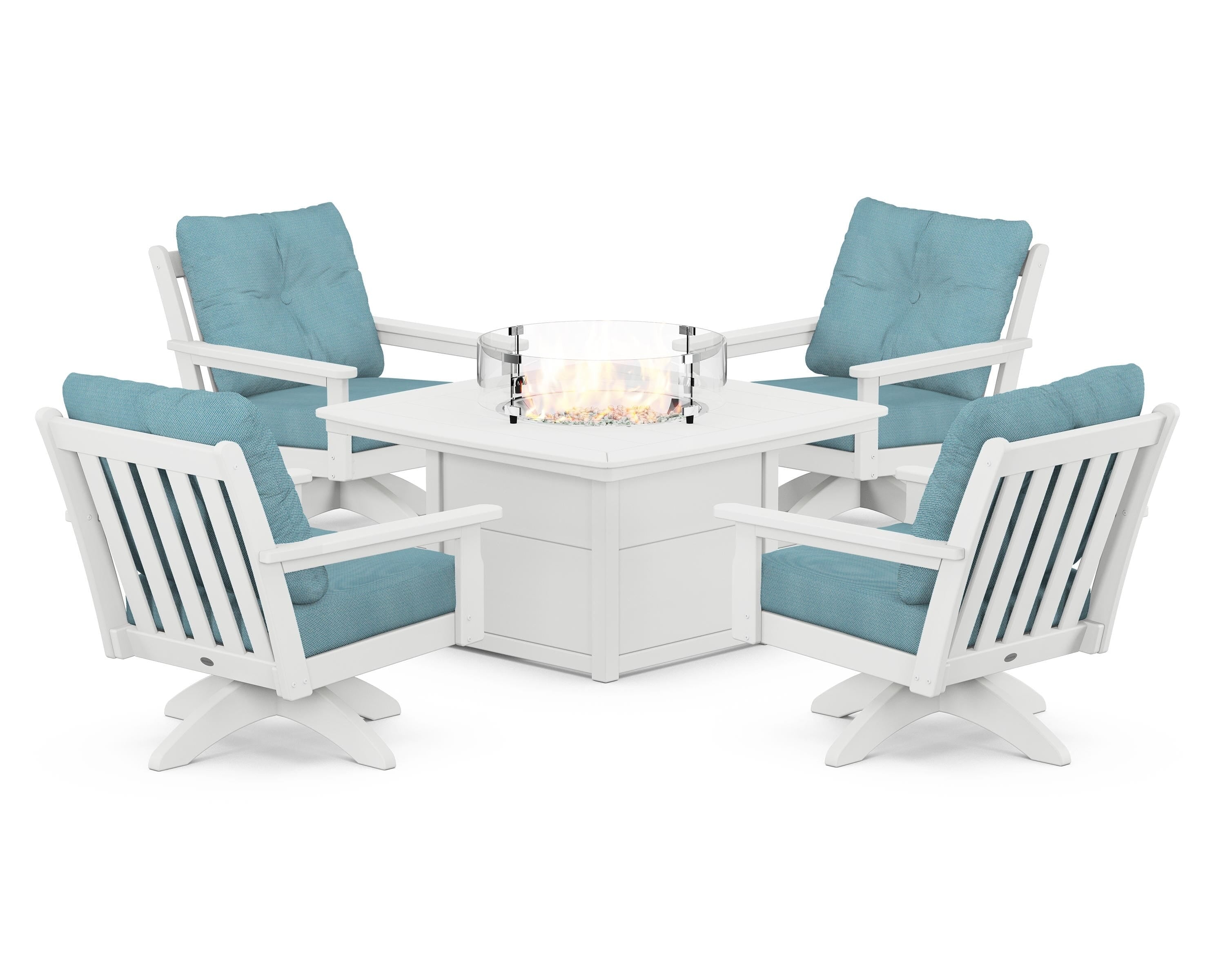 POLYWOOD® Vineyard 5-Piece Deep Seating Swivel Conversation Set with Fire Pit Table in White / Lattice Sky Blue