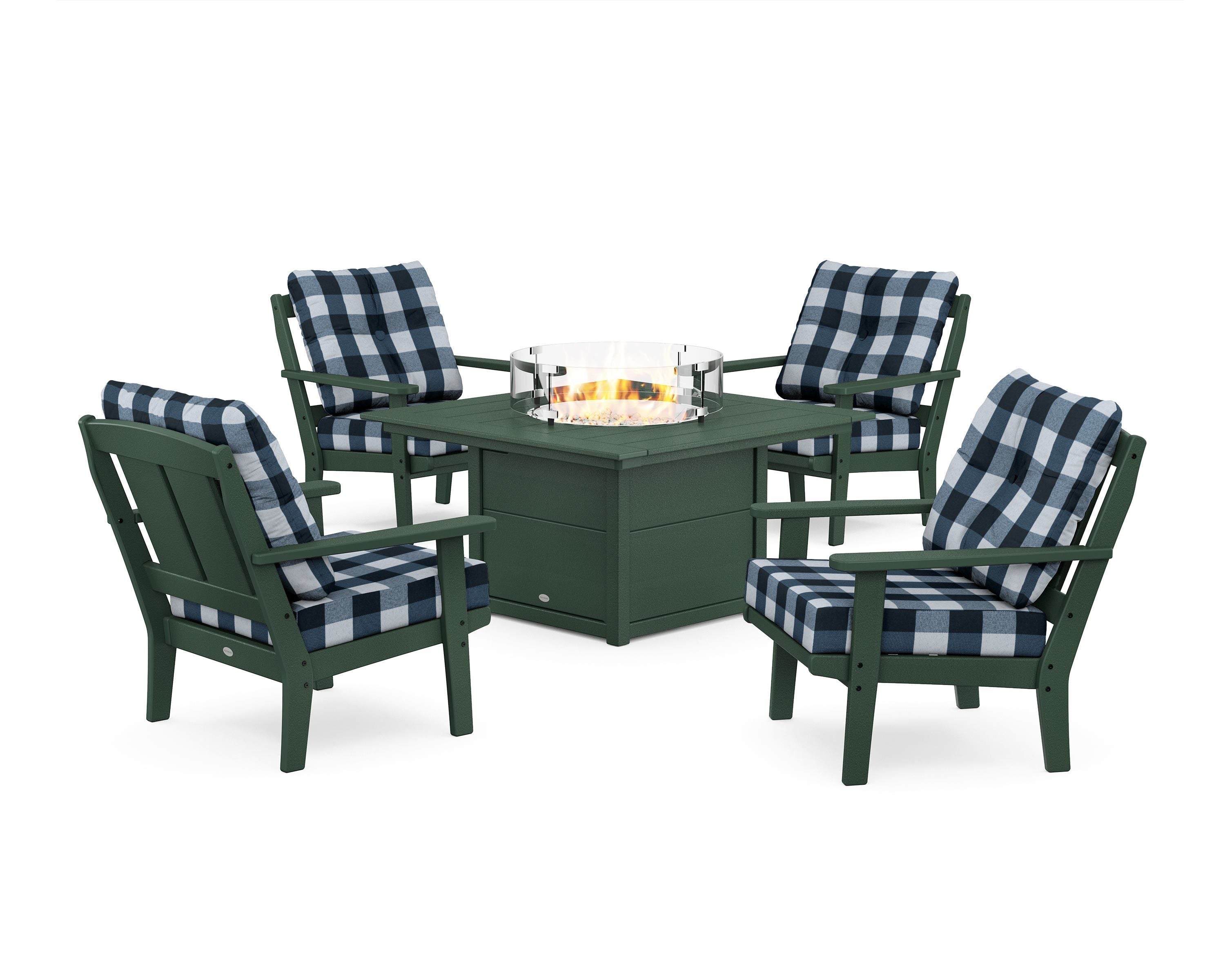 POLYWOOD® Mission 5-Piece Deep Seating Set with Fire Pit Table in Green / Buffalo Plaid Marine Indigo