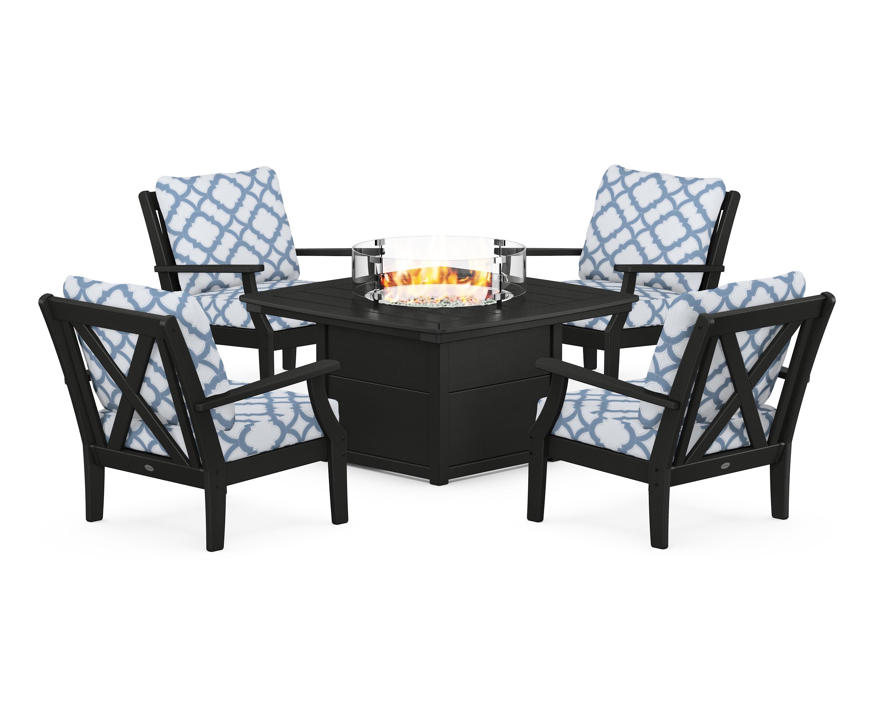 POLYWOOD® Braxton 5-Piece Deep Seating Conversation Set with Fire Pit Table in Black / Trellis Sky Blue