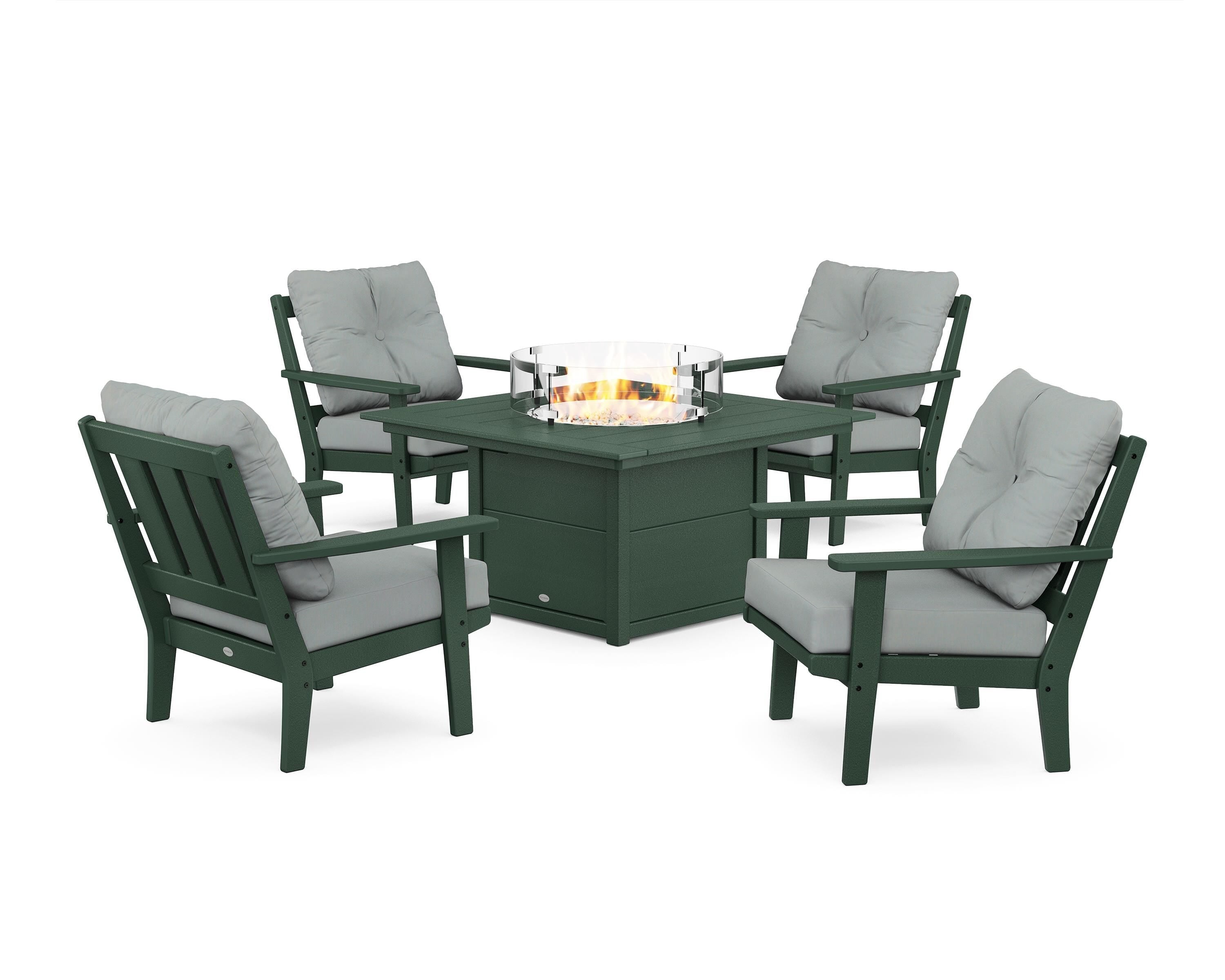 POLYWOOD® Oxford 5-Piece Deep Seating Set with Fire Pit Table in Green / Spa