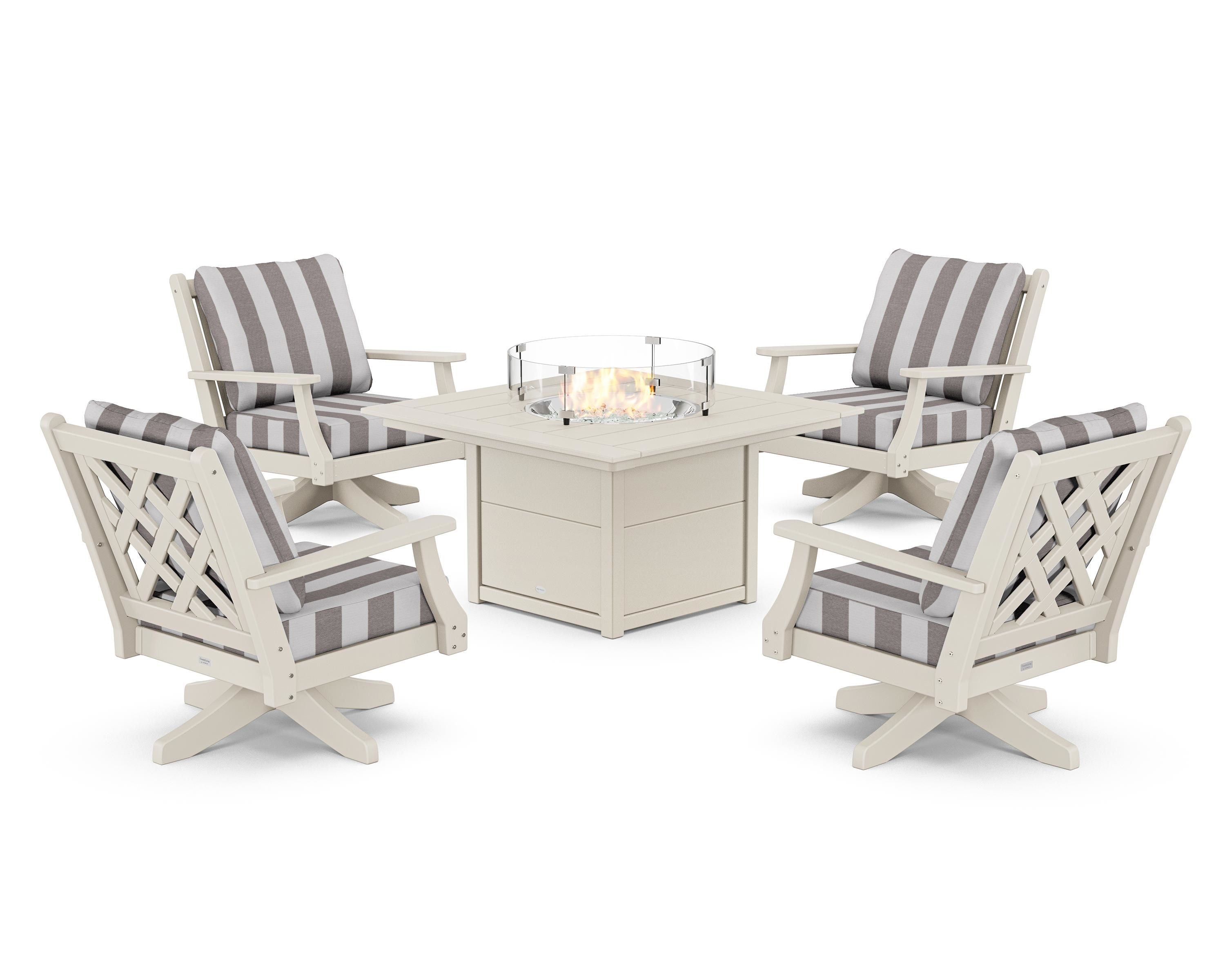Country Living Wovendale 5-Piece Deep Seating Swivel Conversation Set with Fire Pit Table in Sand / Cabana Stripe Grey Mist