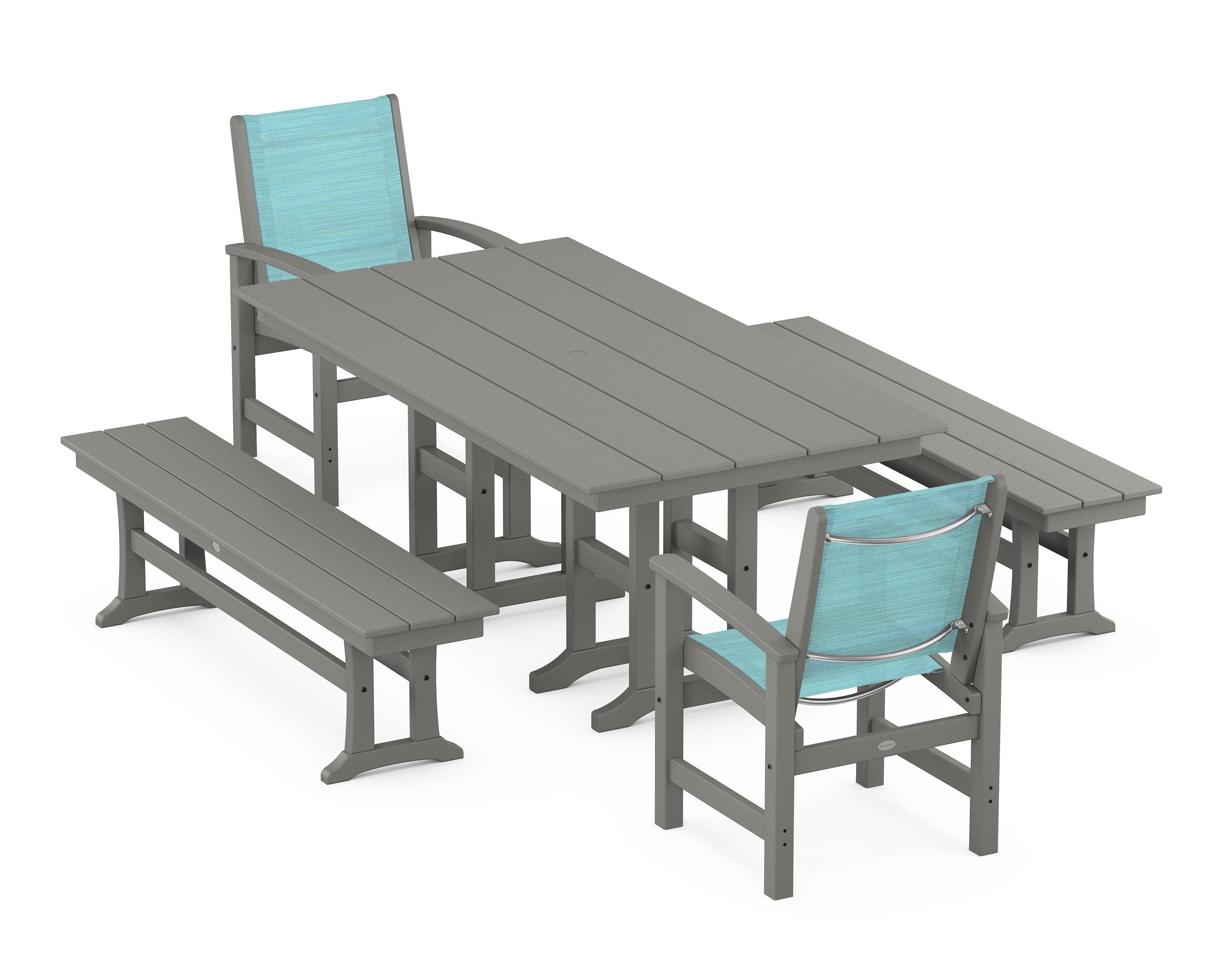 POLYWOOD® Coastal 5-Piece Farmhouse Dining Set in Slate Grey / Dupioni Aquamarine Sling