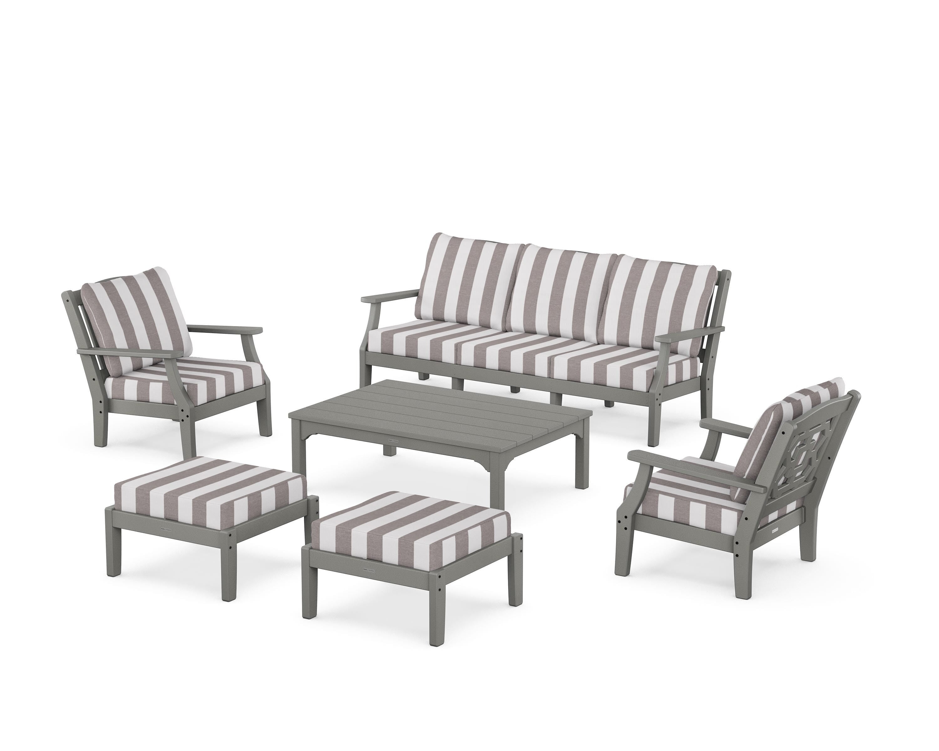 Martha Stewart by POLYWOOD® Chinoiserie 6-Piece Lounge Sofa Set in Slate Grey / Cabana Stripe Grey Mist