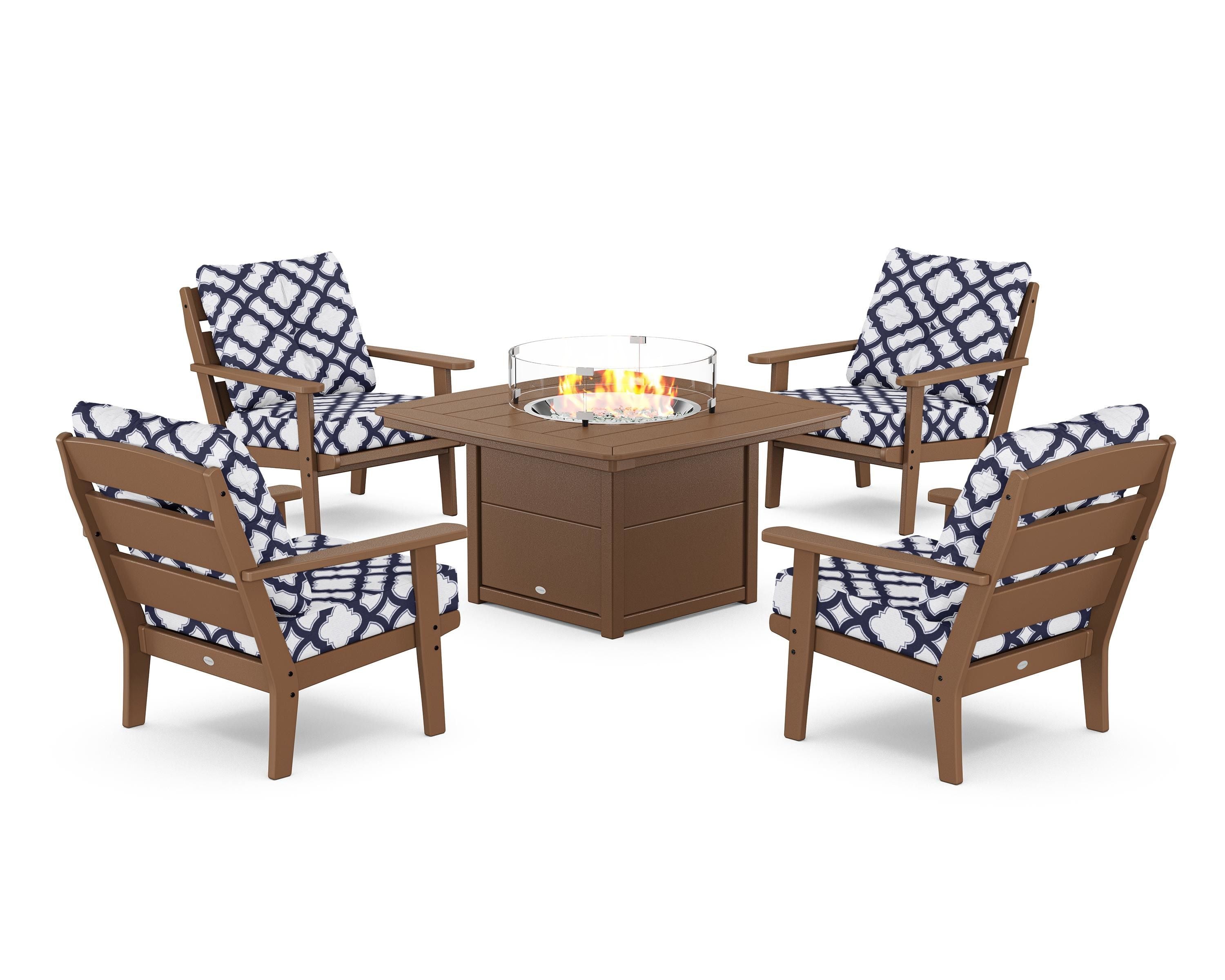 POLYWOOD® Lakeside 5-Piece Deep Seating Set with Nautical Fire Pit Table in Teak / Trellis Navy