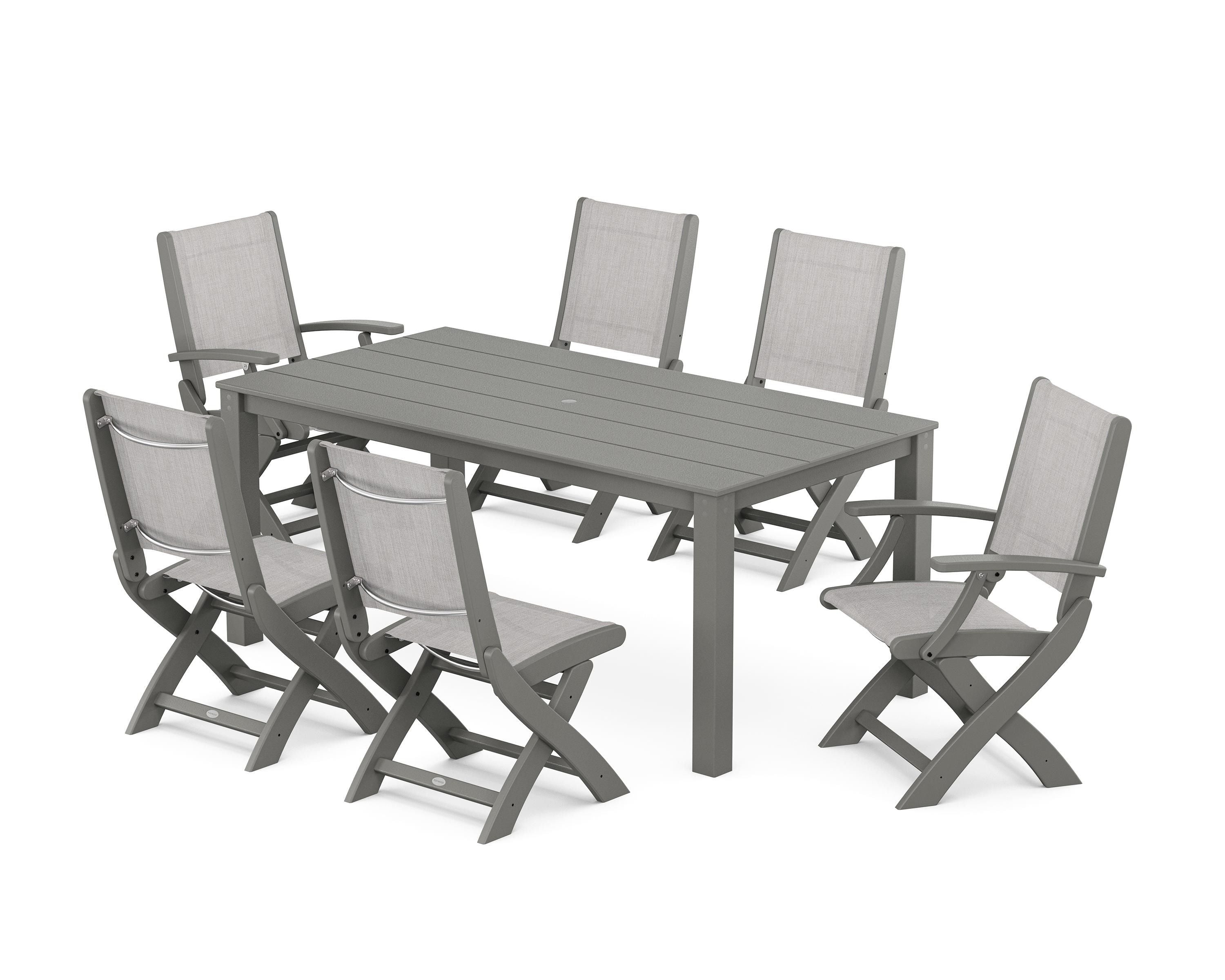 POLYWOOD® Coastal Folding Chair 7-Piece Parsons Dining Set in Green / Black Sling