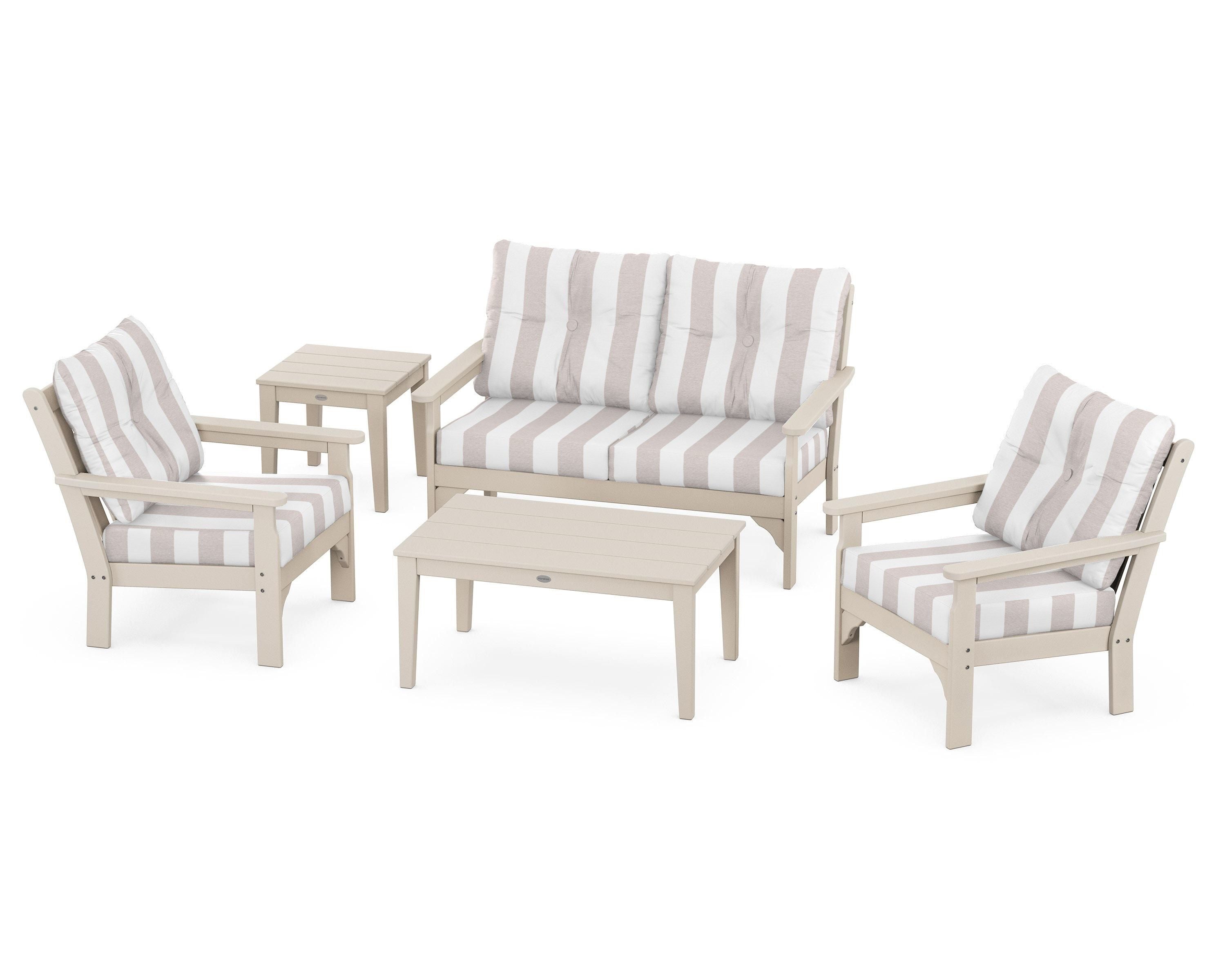 POLYWOOD® Vineyard 5-Piece Deep Seating Set in Sand / Cabana Stripe Dune Burlap