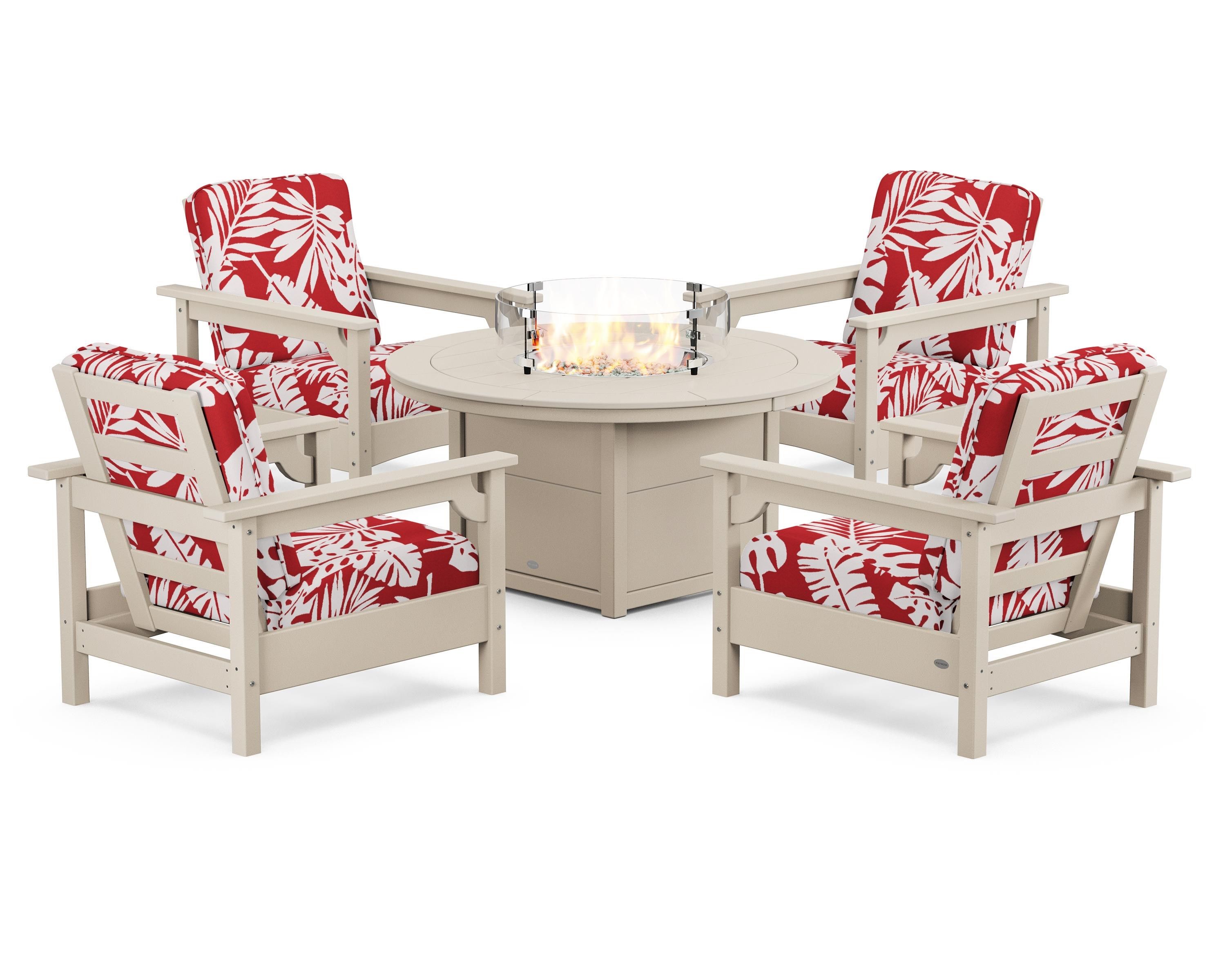 POLYWOOD® Club 5-Piece Conversation Set with Fire Pit Table in Sand / Leaf Crimson