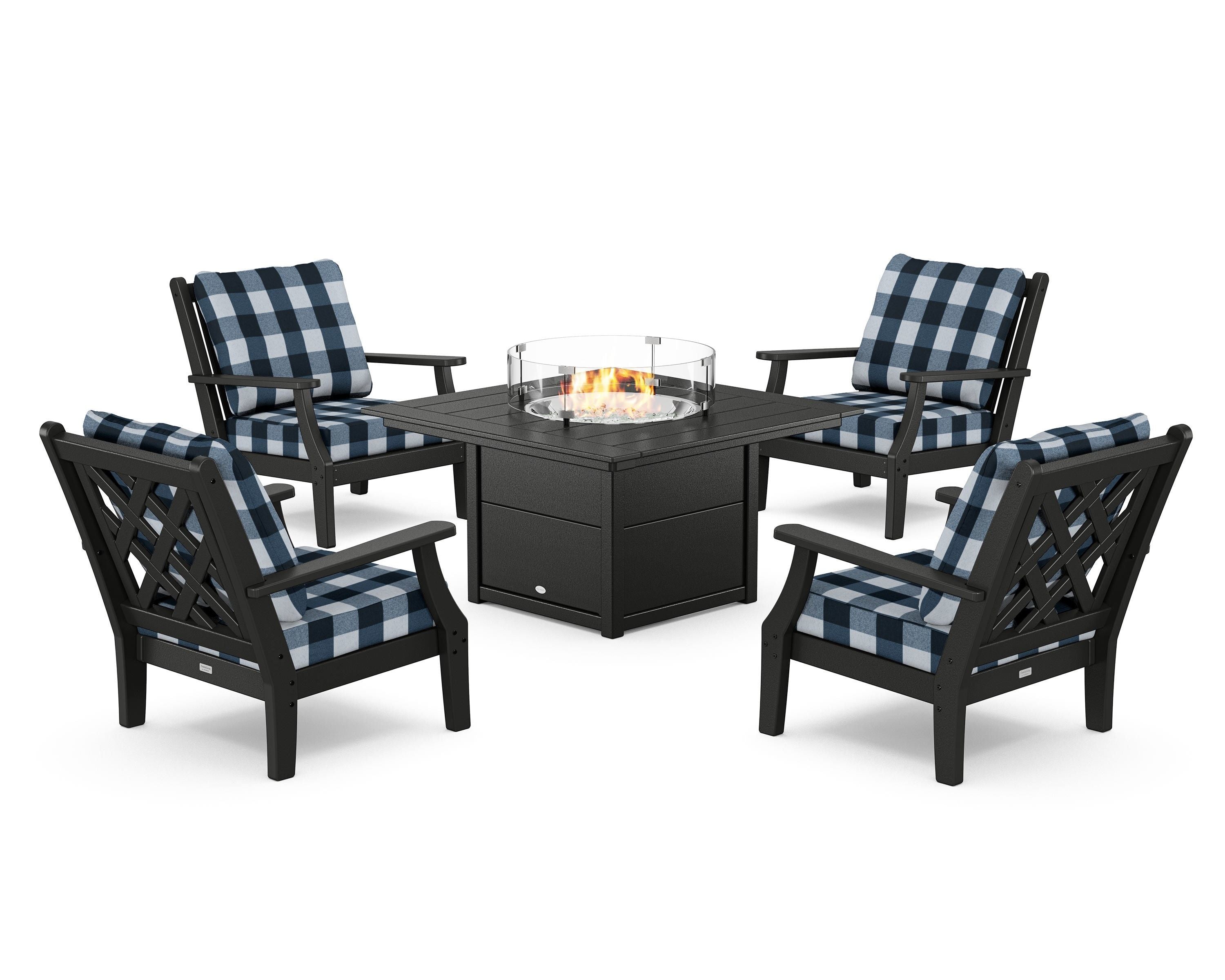 Country Living Wovendale 5-Piece Deep Seating Set with Fire Pit Table in Black / Buffalo Plaid Marine Indigo