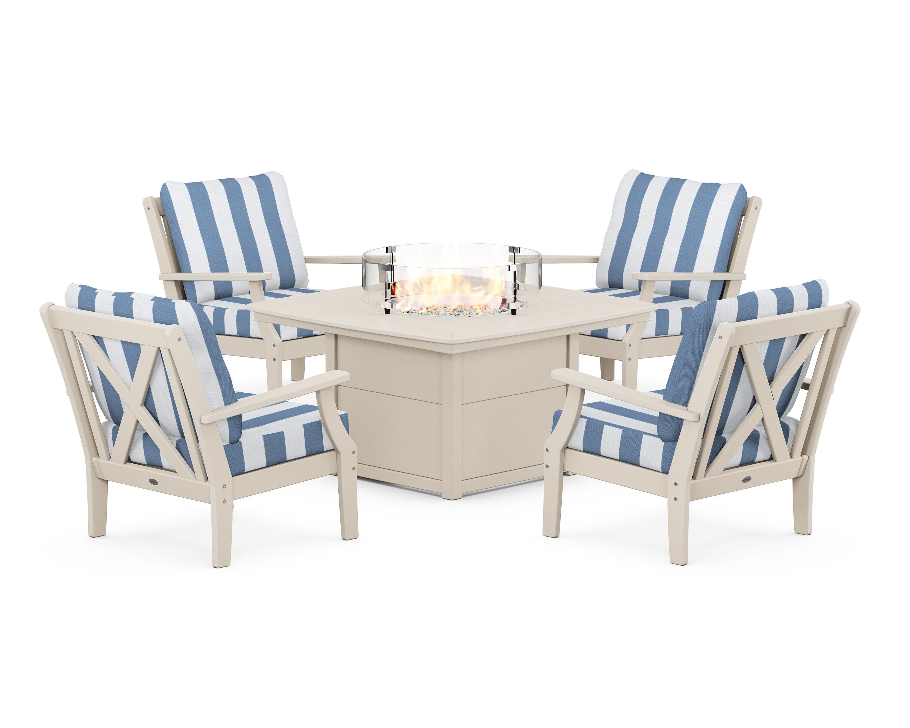 POLYWOOD® Braxton 5-Piece Deep Seating Conversation Set with Fire Pit Table in Sand / Cabana Stripe Sky Blue