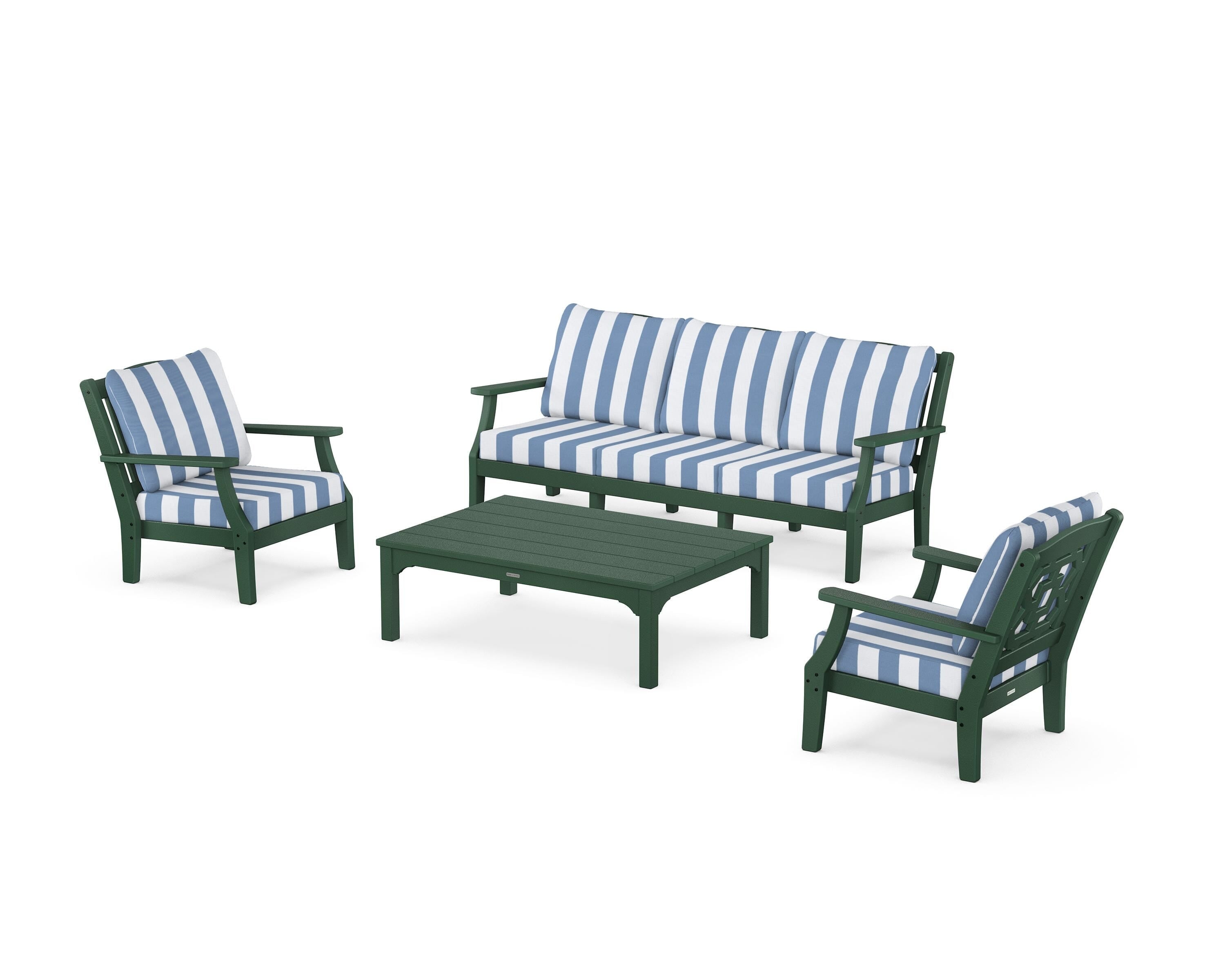 Martha Stewart by POLYWOOD® Chinoiserie 4-Piece Deep Seating Set with Sofa in Green / Cabana Stripe Sky Blue