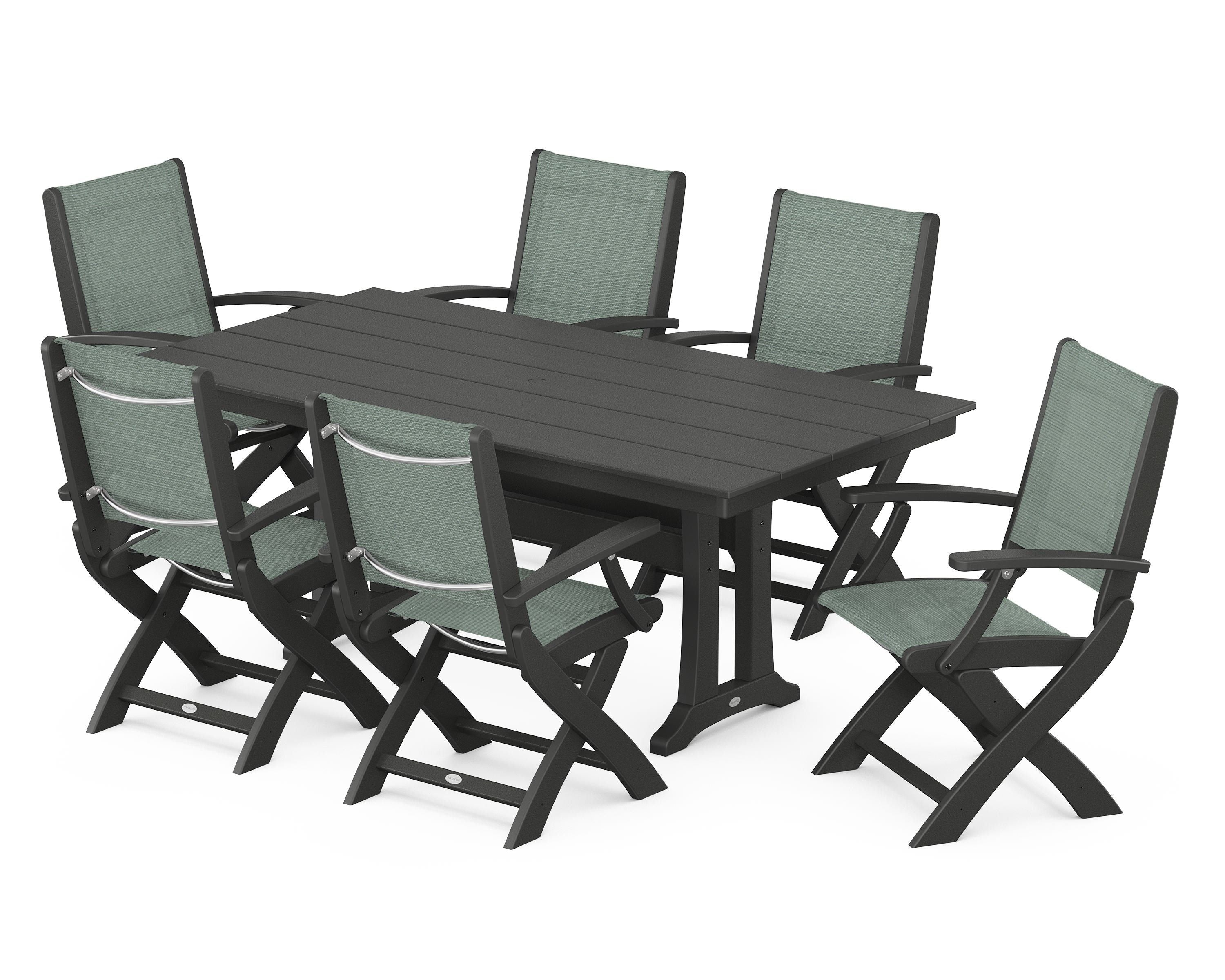 POLYWOOD® Coastal Folding Arm Chair 7-Piece Farmhouse Dining Set with Trestle Legs in Black / Dupioni Sea Mist Sling