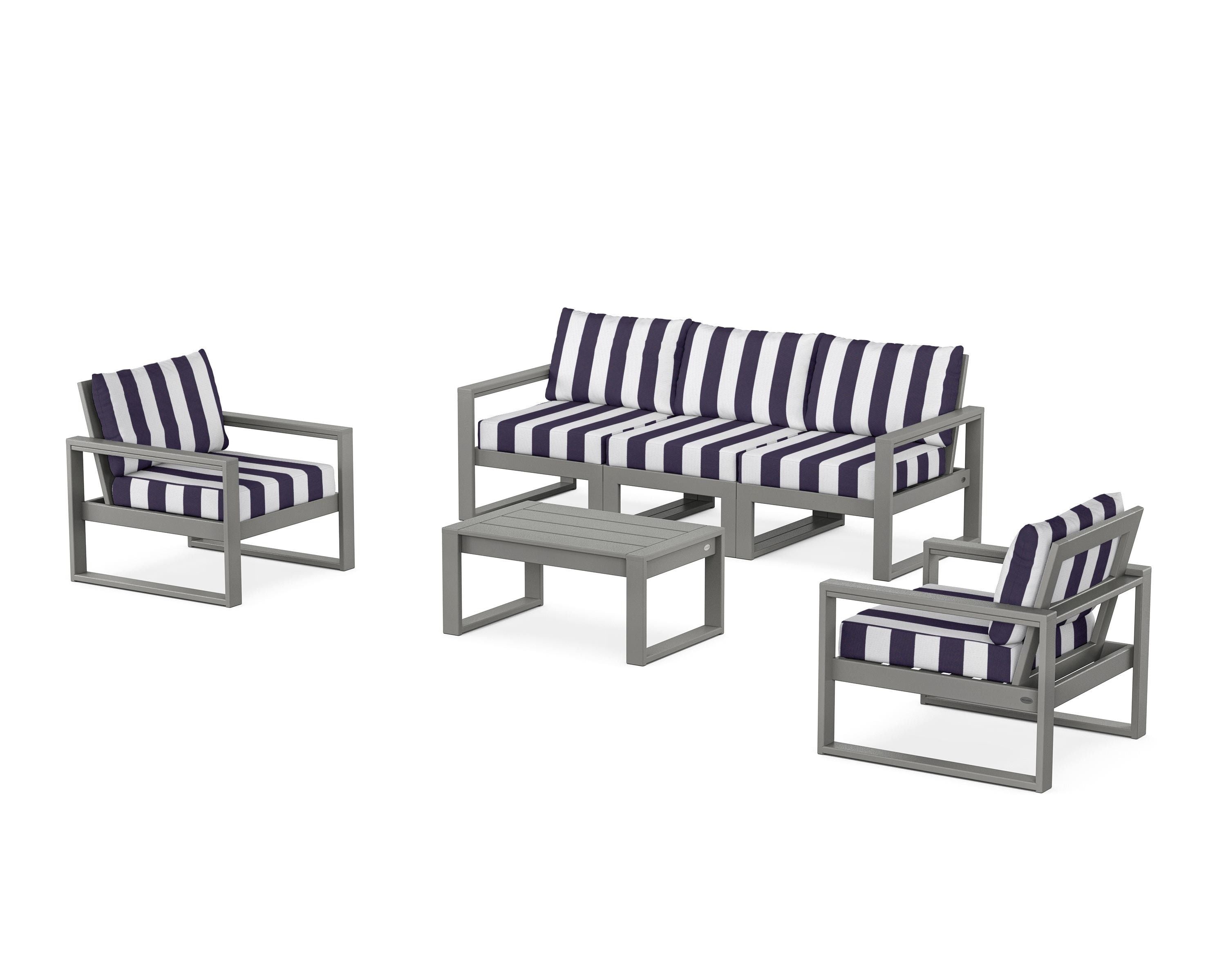 POLYWOOD® EDGE Sectional 4-Piece Deep Seating Set with Sofa in Slate Grey / Cabana Stripe Navy