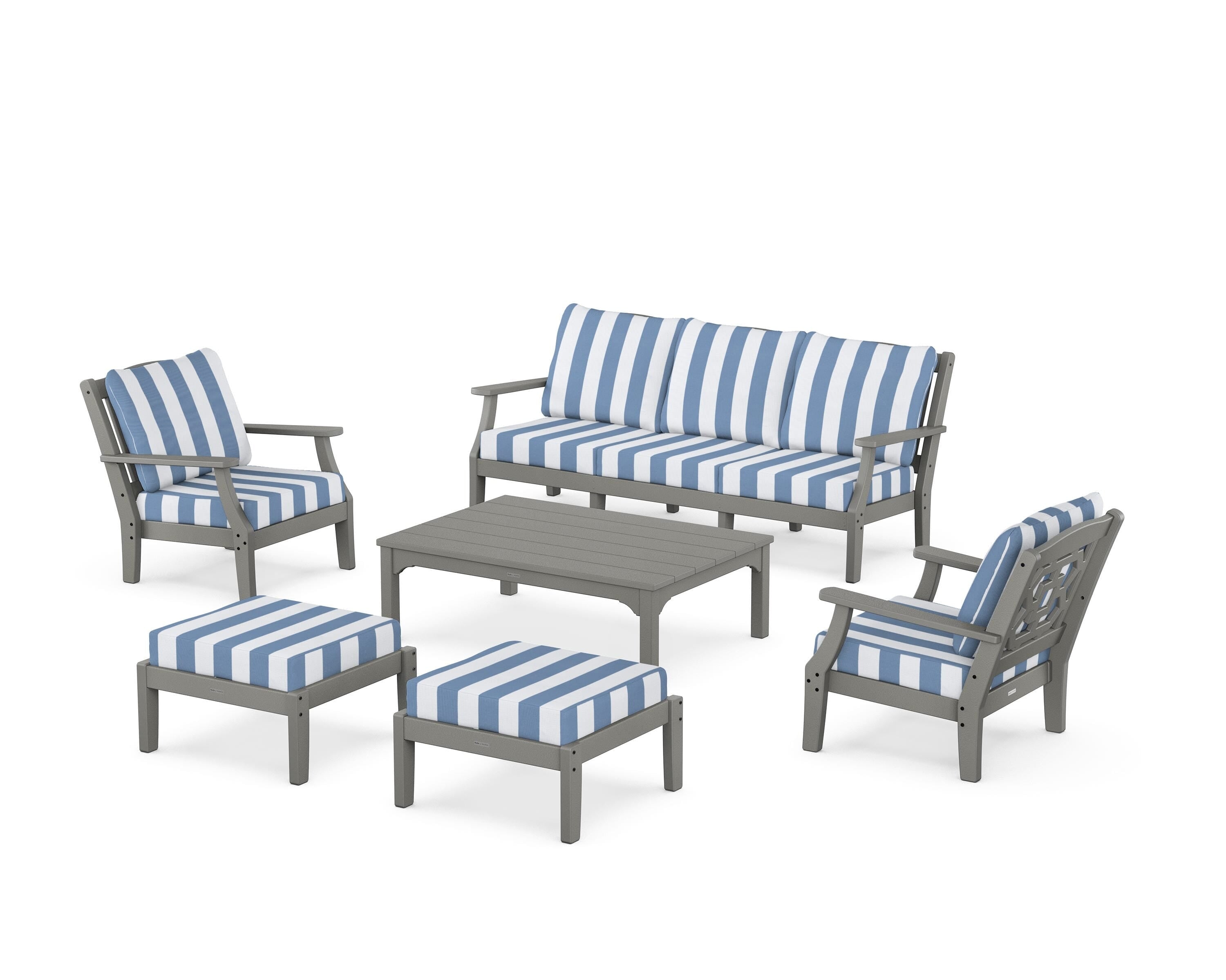 Martha Stewart by POLYWOOD® Chinoiserie 6-Piece Lounge Sofa Set in Slate Grey / Cabana Stripe Sky Blue