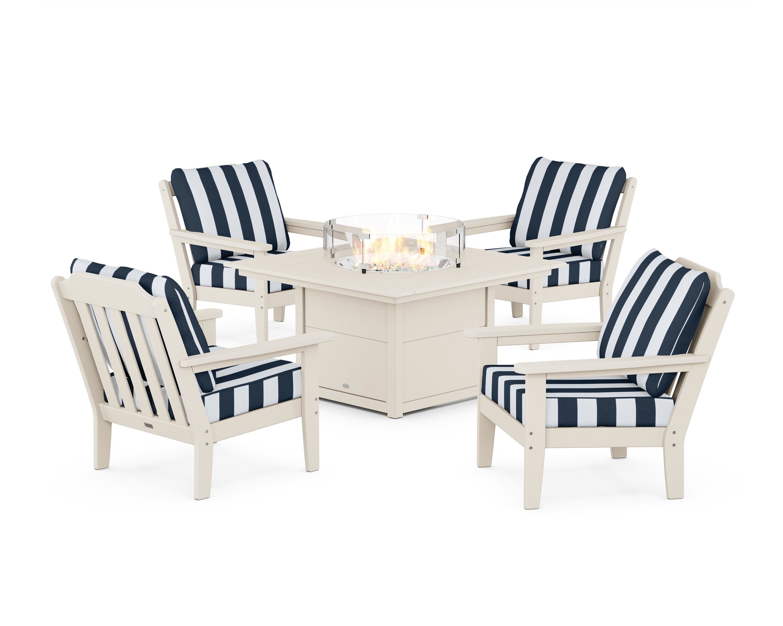 Country Living Cottage 5-Piece Deep Seating Set with Fire Pit Table in Sand / Cabana Stripe Marine Indigo