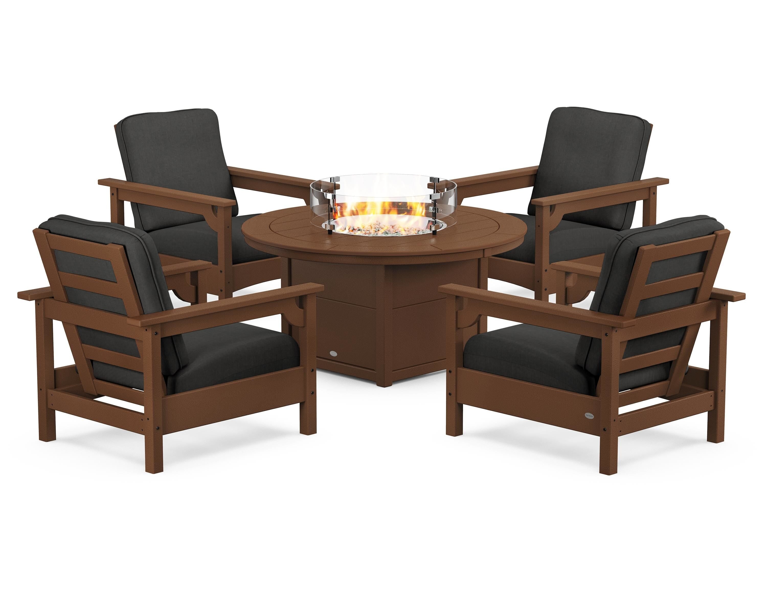 POLYWOOD® Club 5-Piece Conversation Set with Fire Pit Table in Teak / Spectrum Carbon